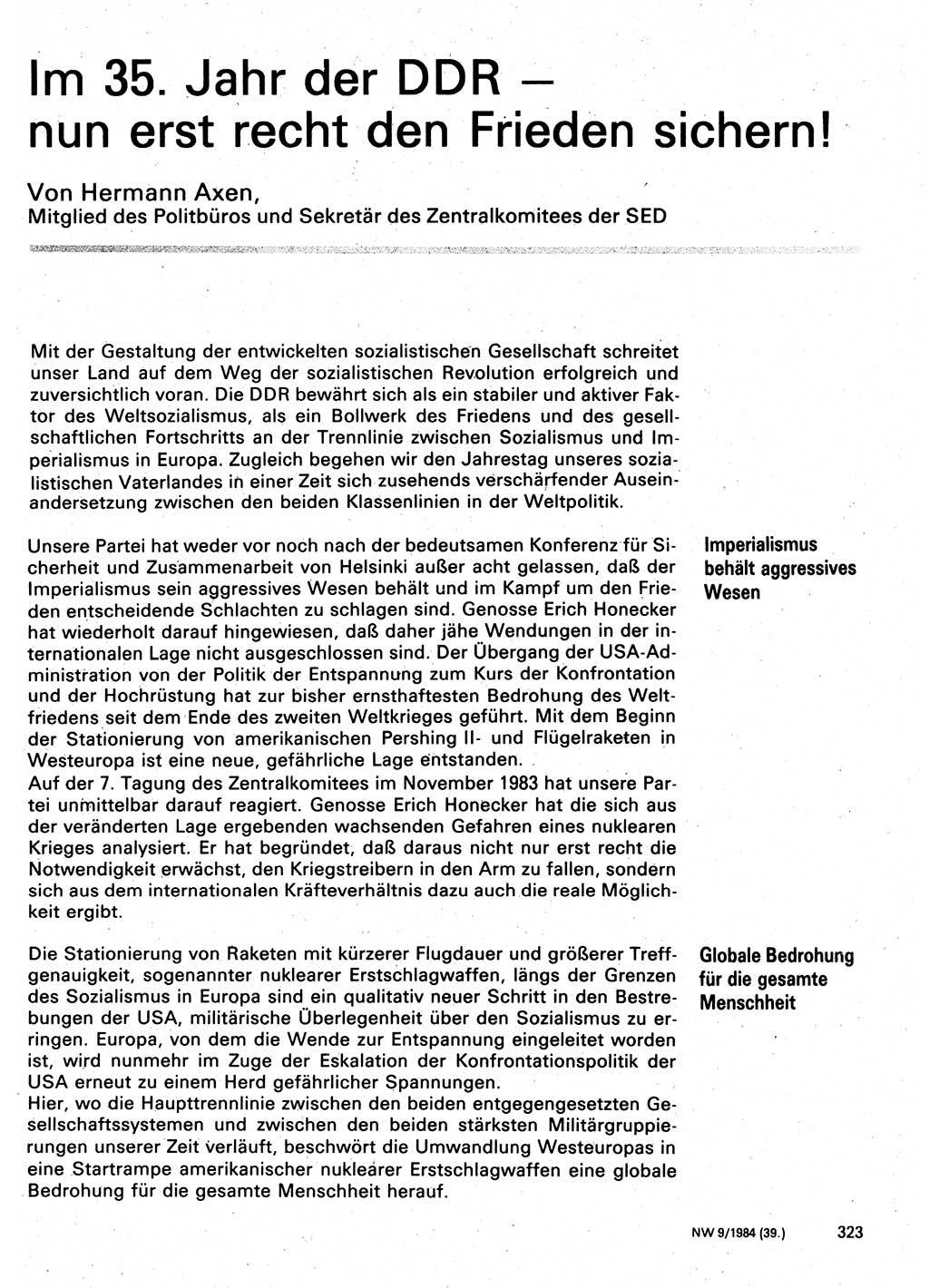 Neuer Weg (NW), Organ des Zentralkomitees (ZK) der SED (Sozialistische Einheitspartei Deutschlands) für Fragen des Parteilebens, 39. Jahrgang [Deutsche Demokratische Republik (DDR)] 1984, Seite 323 (NW ZK SED DDR 1984, S. 323)