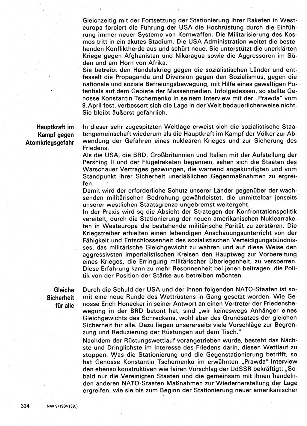 Neuer Weg (NW), Organ des Zentralkomitees (ZK) der SED (Sozialistische Einheitspartei Deutschlands) für Fragen des Parteilebens, 39. Jahrgang [Deutsche Demokratische Republik (DDR)] 1984, Seite 324 (NW ZK SED DDR 1984, S. 324)