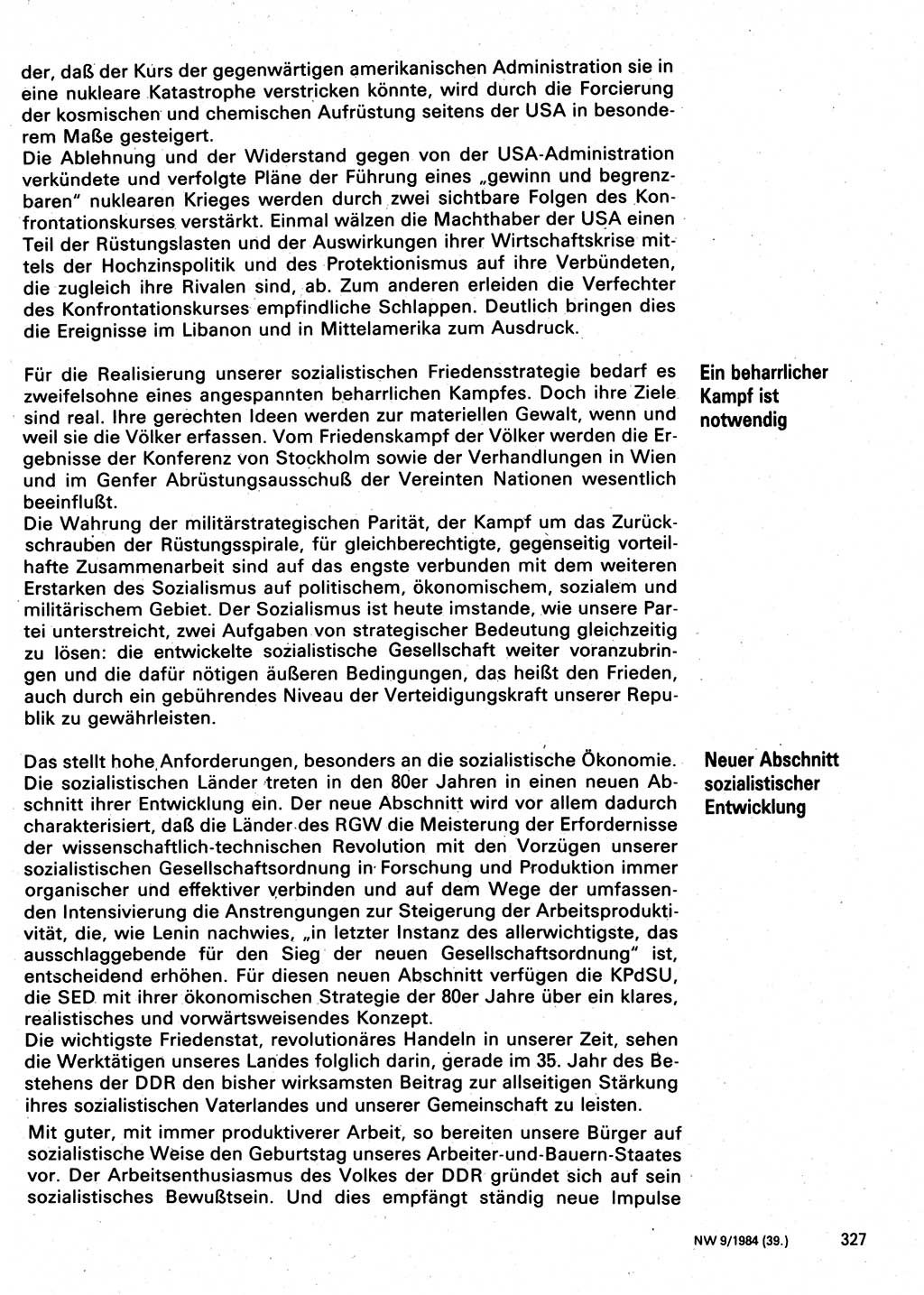 Neuer Weg (NW), Organ des Zentralkomitees (ZK) der SED (Sozialistische Einheitspartei Deutschlands) für Fragen des Parteilebens, 39. Jahrgang [Deutsche Demokratische Republik (DDR)] 1984, Seite 327 (NW ZK SED DDR 1984, S. 327)