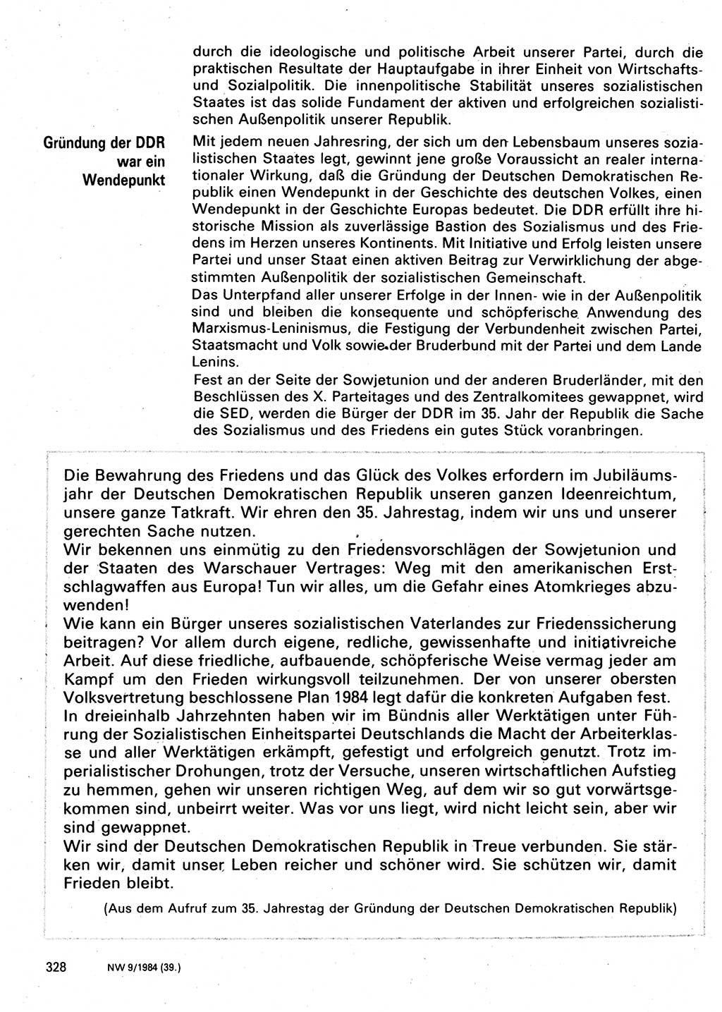 Neuer Weg (NW), Organ des Zentralkomitees (ZK) der SED (Sozialistische Einheitspartei Deutschlands) für Fragen des Parteilebens, 39. Jahrgang [Deutsche Demokratische Republik (DDR)] 1984, Seite 328 (NW ZK SED DDR 1984, S. 328)