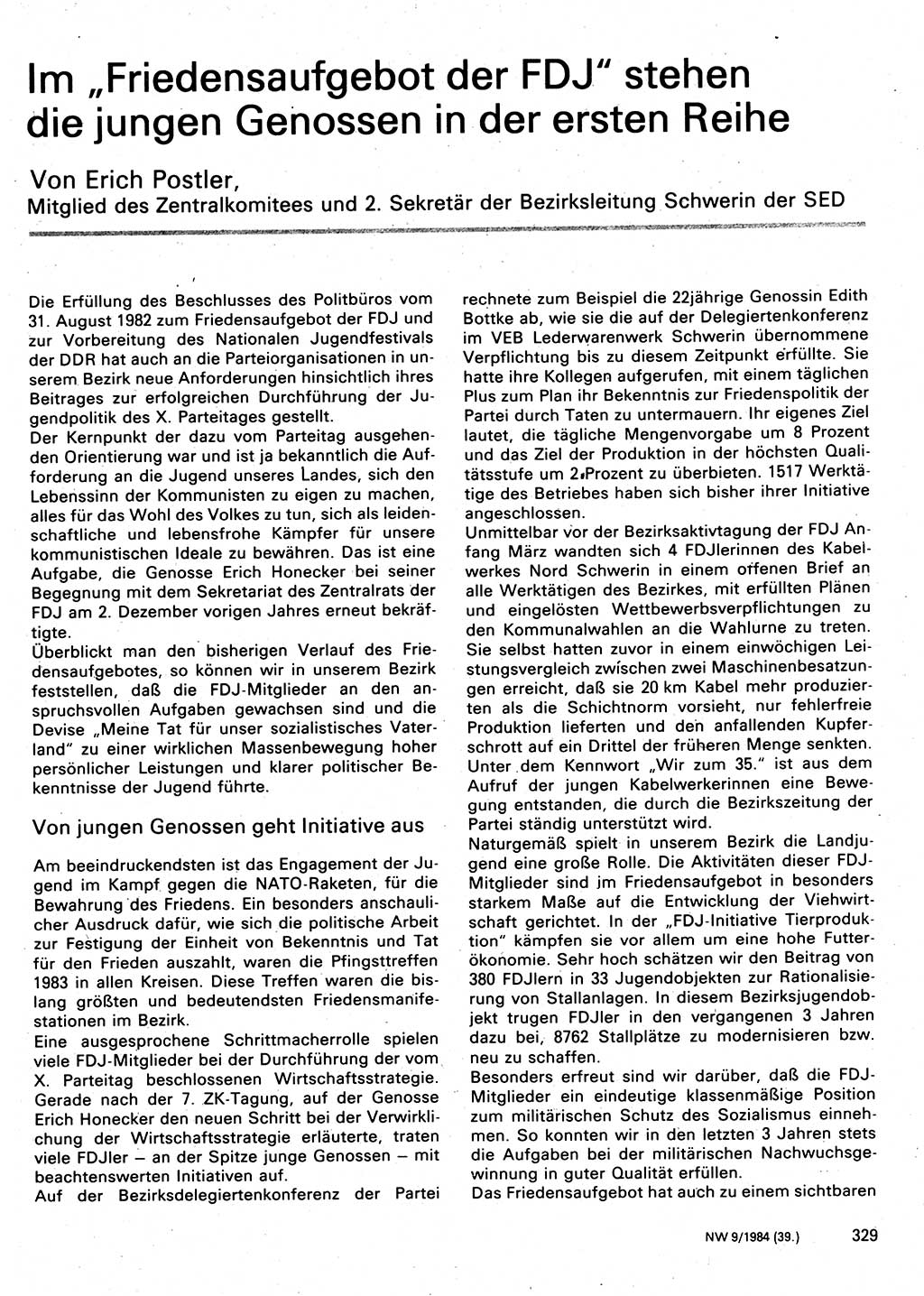 Neuer Weg (NW), Organ des Zentralkomitees (ZK) der SED (Sozialistische Einheitspartei Deutschlands) für Fragen des Parteilebens, 39. Jahrgang [Deutsche Demokratische Republik (DDR)] 1984, Seite 329 (NW ZK SED DDR 1984, S. 329)