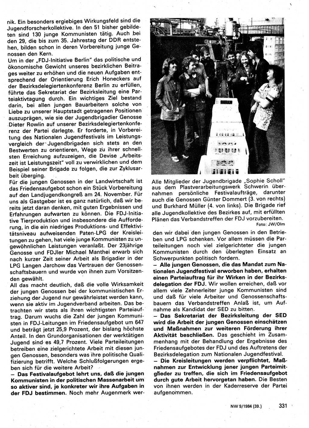 Neuer Weg (NW), Organ des Zentralkomitees (ZK) der SED (Sozialistische Einheitspartei Deutschlands) für Fragen des Parteilebens, 39. Jahrgang [Deutsche Demokratische Republik (DDR)] 1984, Seite 331 (NW ZK SED DDR 1984, S. 331)