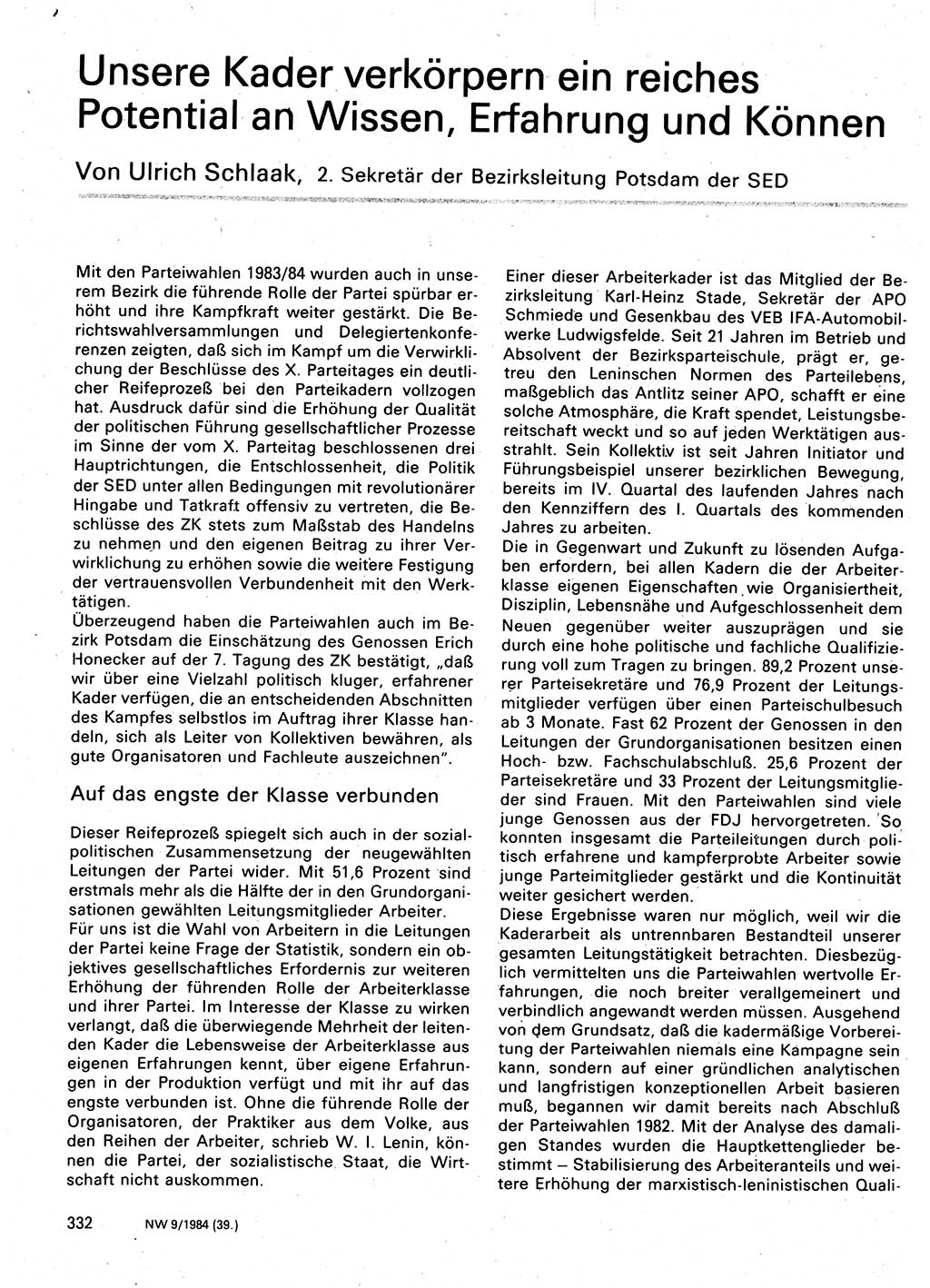 Neuer Weg (NW), Organ des Zentralkomitees (ZK) der SED (Sozialistische Einheitspartei Deutschlands) für Fragen des Parteilebens, 39. Jahrgang [Deutsche Demokratische Republik (DDR)] 1984, Seite 332 (NW ZK SED DDR 1984, S. 332)