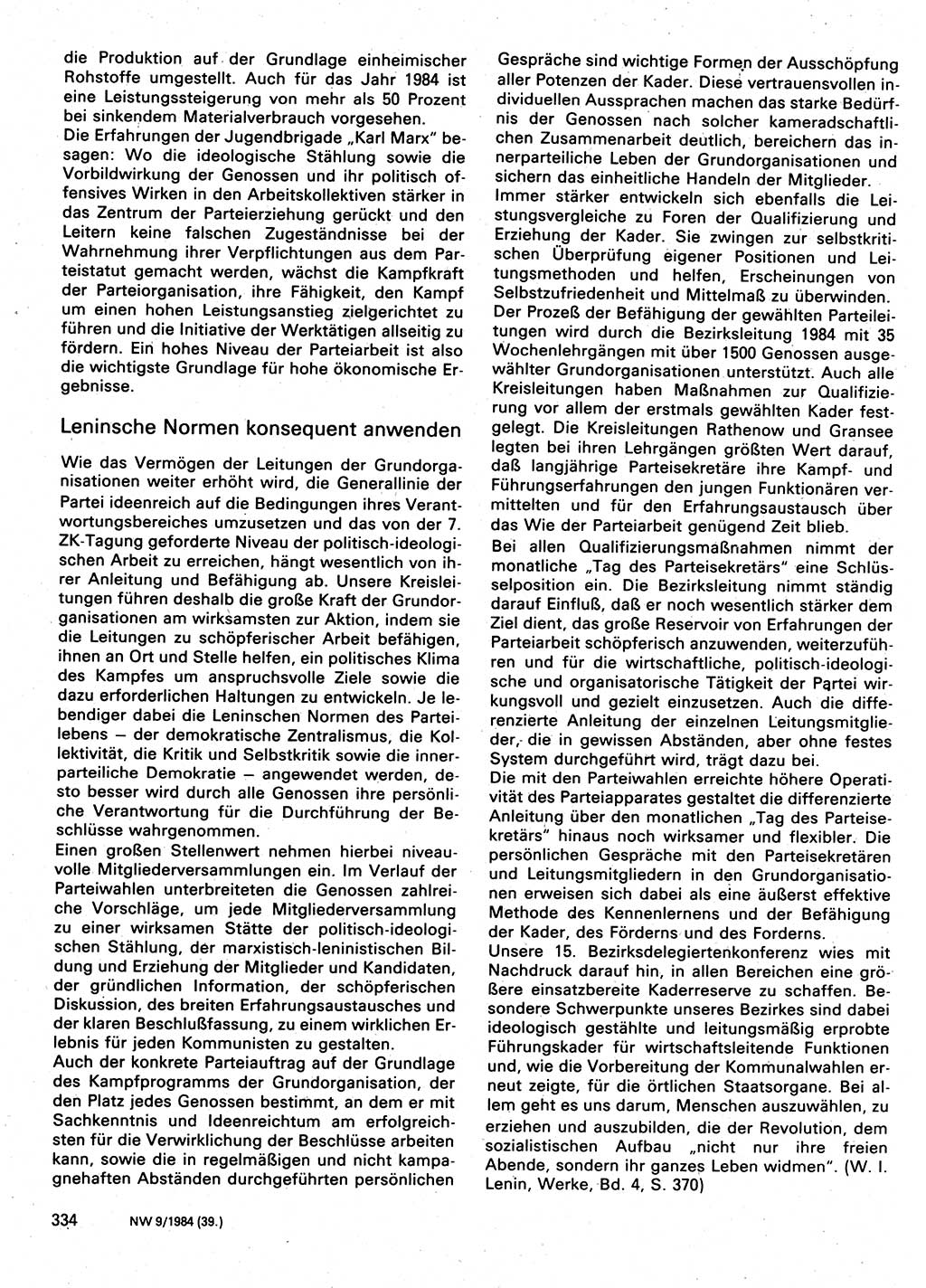 Neuer Weg (NW), Organ des Zentralkomitees (ZK) der SED (Sozialistische Einheitspartei Deutschlands) für Fragen des Parteilebens, 39. Jahrgang [Deutsche Demokratische Republik (DDR)] 1984, Seite 334 (NW ZK SED DDR 1984, S. 334)