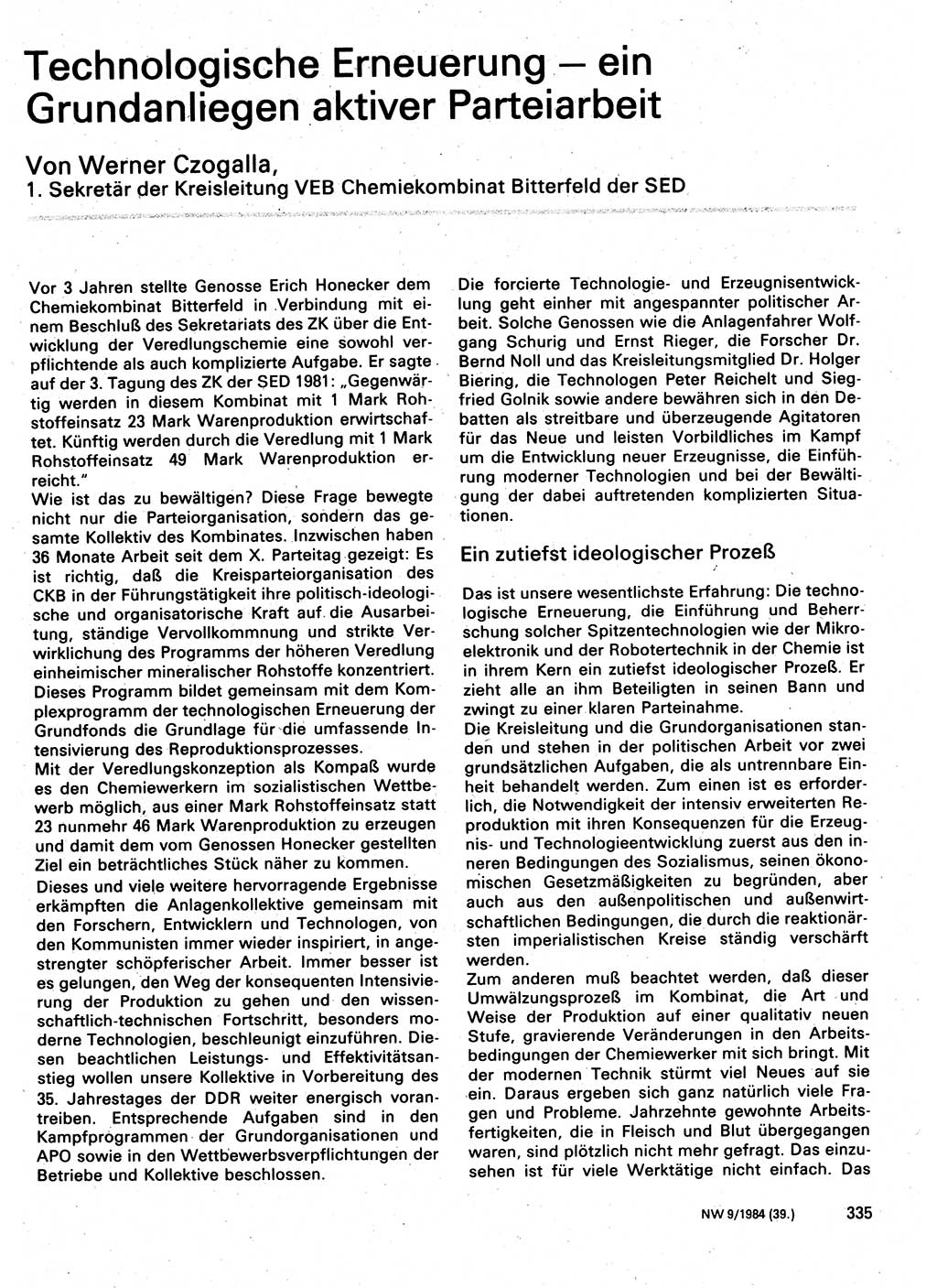Neuer Weg (NW), Organ des Zentralkomitees (ZK) der SED (Sozialistische Einheitspartei Deutschlands) für Fragen des Parteilebens, 39. Jahrgang [Deutsche Demokratische Republik (DDR)] 1984, Seite 335 (NW ZK SED DDR 1984, S. 335)