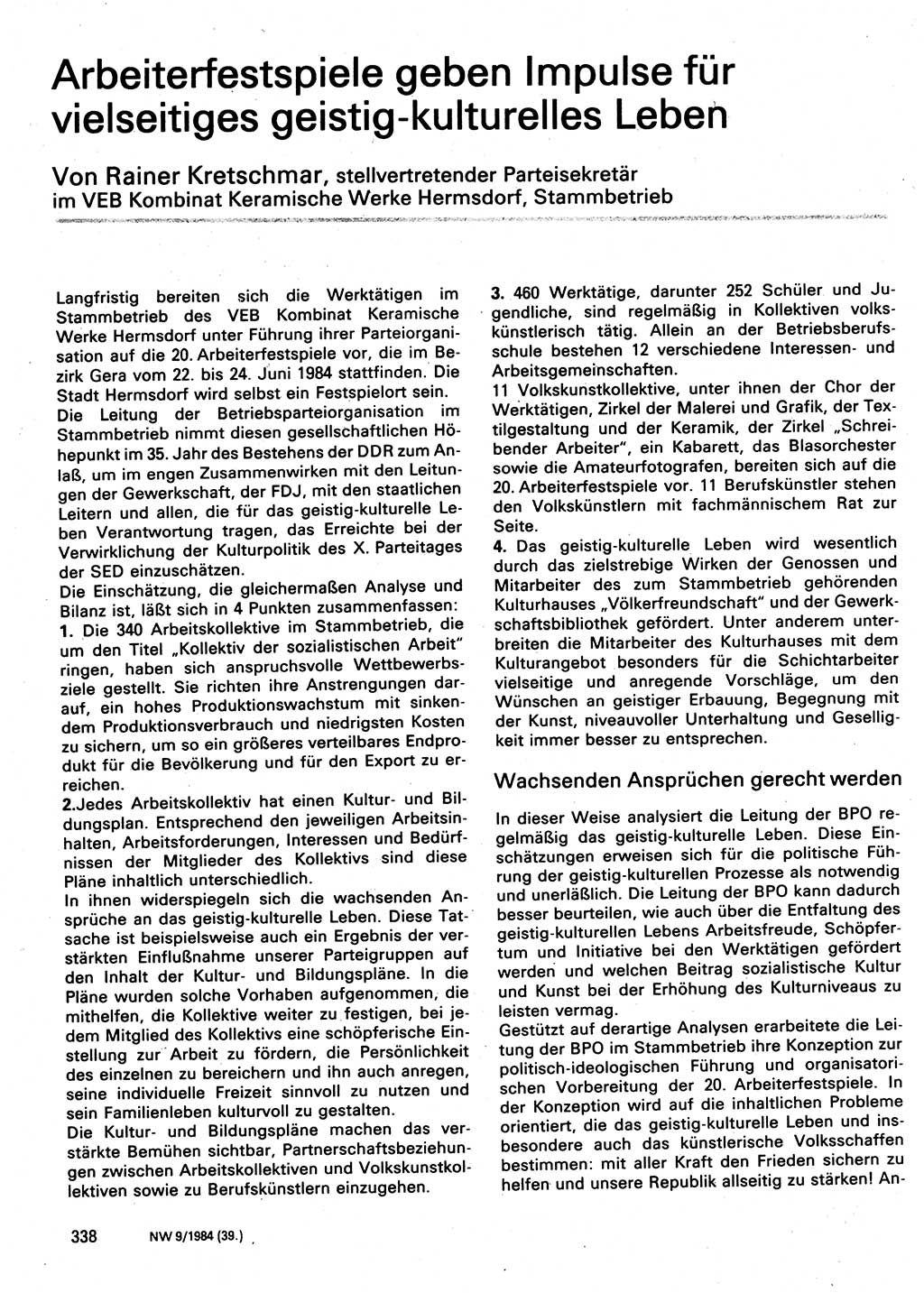 Neuer Weg (NW), Organ des Zentralkomitees (ZK) der SED (Sozialistische Einheitspartei Deutschlands) für Fragen des Parteilebens, 39. Jahrgang [Deutsche Demokratische Republik (DDR)] 1984, Seite 338 (NW ZK SED DDR 1984, S. 338)