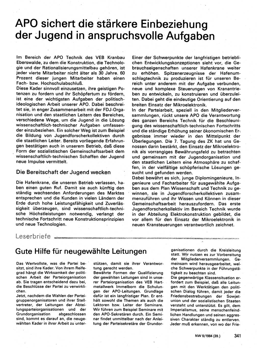 Neuer Weg (NW), Organ des Zentralkomitees (ZK) der SED (Sozialistische Einheitspartei Deutschlands) für Fragen des Parteilebens, 39. Jahrgang [Deutsche Demokratische Republik (DDR)] 1984, Seite 341 (NW ZK SED DDR 1984, S. 341)