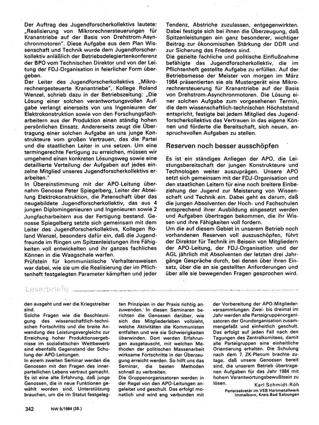 Neuer Weg (NW), Organ des Zentralkomitees (ZK) der SED (Sozialistische Einheitspartei Deutschlands) für Fragen des Parteilebens, 39. Jahrgang [Deutsche Demokratische Republik (DDR)] 1984, Seite 342 (NW ZK SED DDR 1984, S. 342)