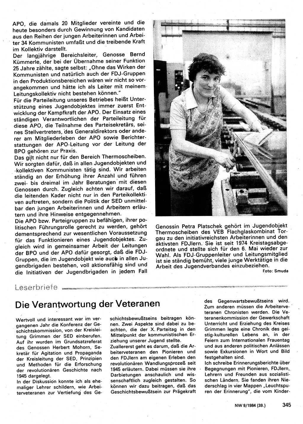 Neuer Weg (NW), Organ des Zentralkomitees (ZK) der SED (Sozialistische Einheitspartei Deutschlands) für Fragen des Parteilebens, 39. Jahrgang [Deutsche Demokratische Republik (DDR)] 1984, Seite 345 (NW ZK SED DDR 1984, S. 345)