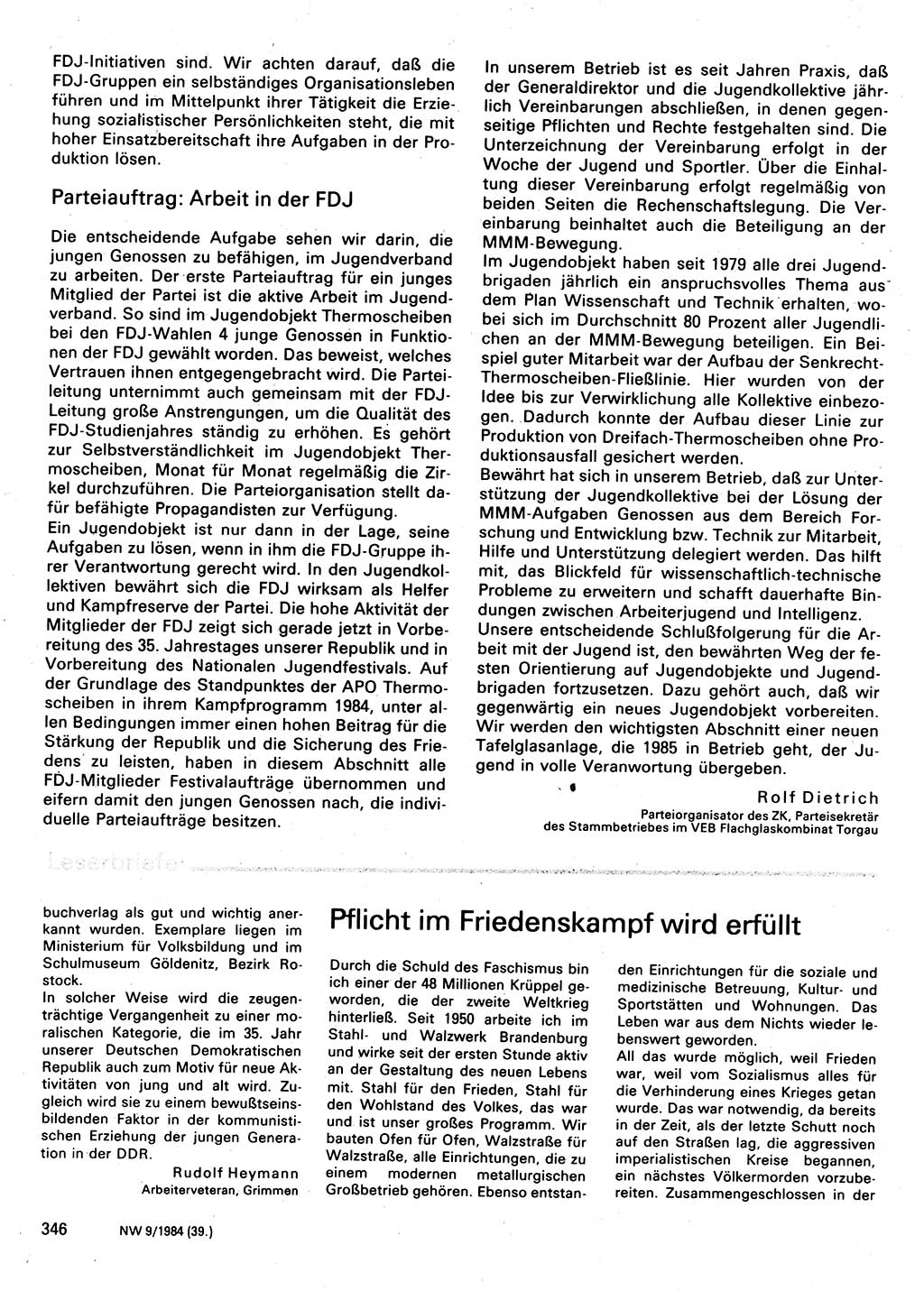 Neuer Weg (NW), Organ des Zentralkomitees (ZK) der SED (Sozialistische Einheitspartei Deutschlands) für Fragen des Parteilebens, 39. Jahrgang [Deutsche Demokratische Republik (DDR)] 1984, Seite 346 (NW ZK SED DDR 1984, S. 346)