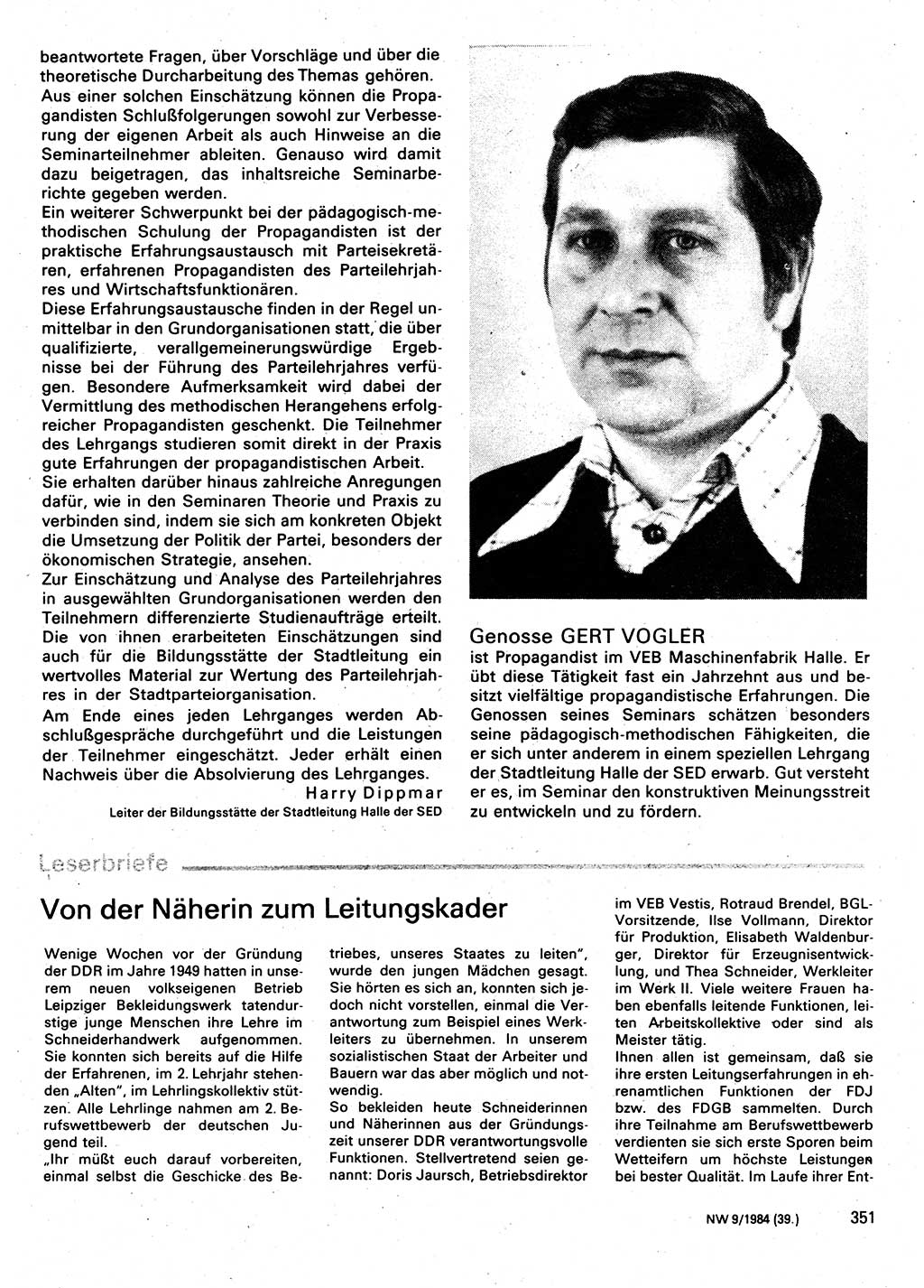 Neuer Weg (NW), Organ des Zentralkomitees (ZK) der SED (Sozialistische Einheitspartei Deutschlands) für Fragen des Parteilebens, 39. Jahrgang [Deutsche Demokratische Republik (DDR)] 1984, Seite 351 (NW ZK SED DDR 1984, S. 351)