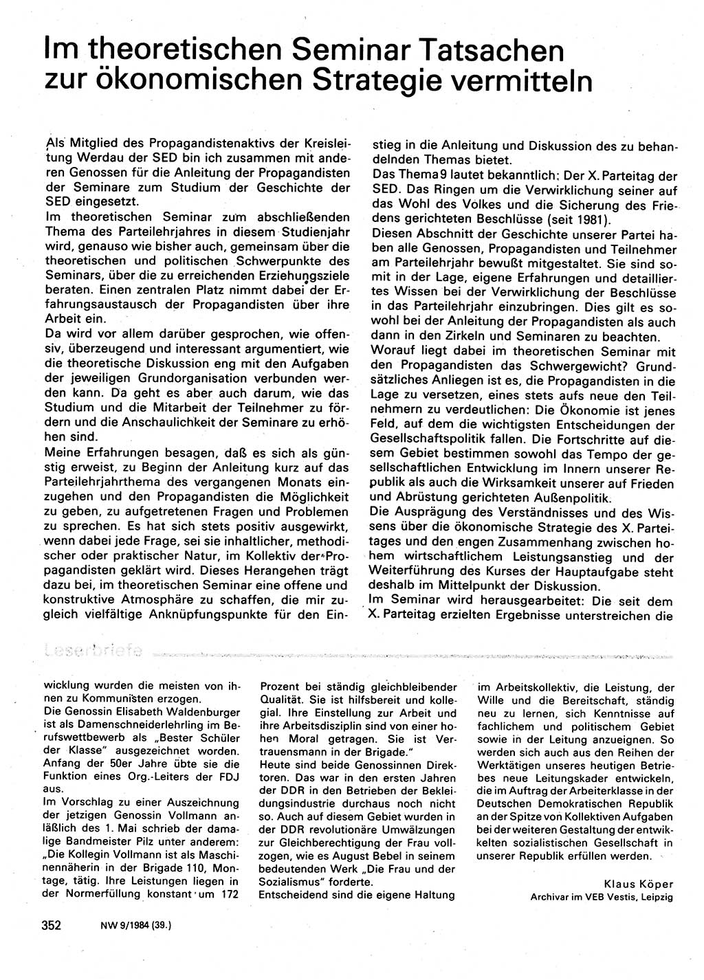 Neuer Weg (NW), Organ des Zentralkomitees (ZK) der SED (Sozialistische Einheitspartei Deutschlands) für Fragen des Parteilebens, 39. Jahrgang [Deutsche Demokratische Republik (DDR)] 1984, Seite 352 (NW ZK SED DDR 1984, S. 352)