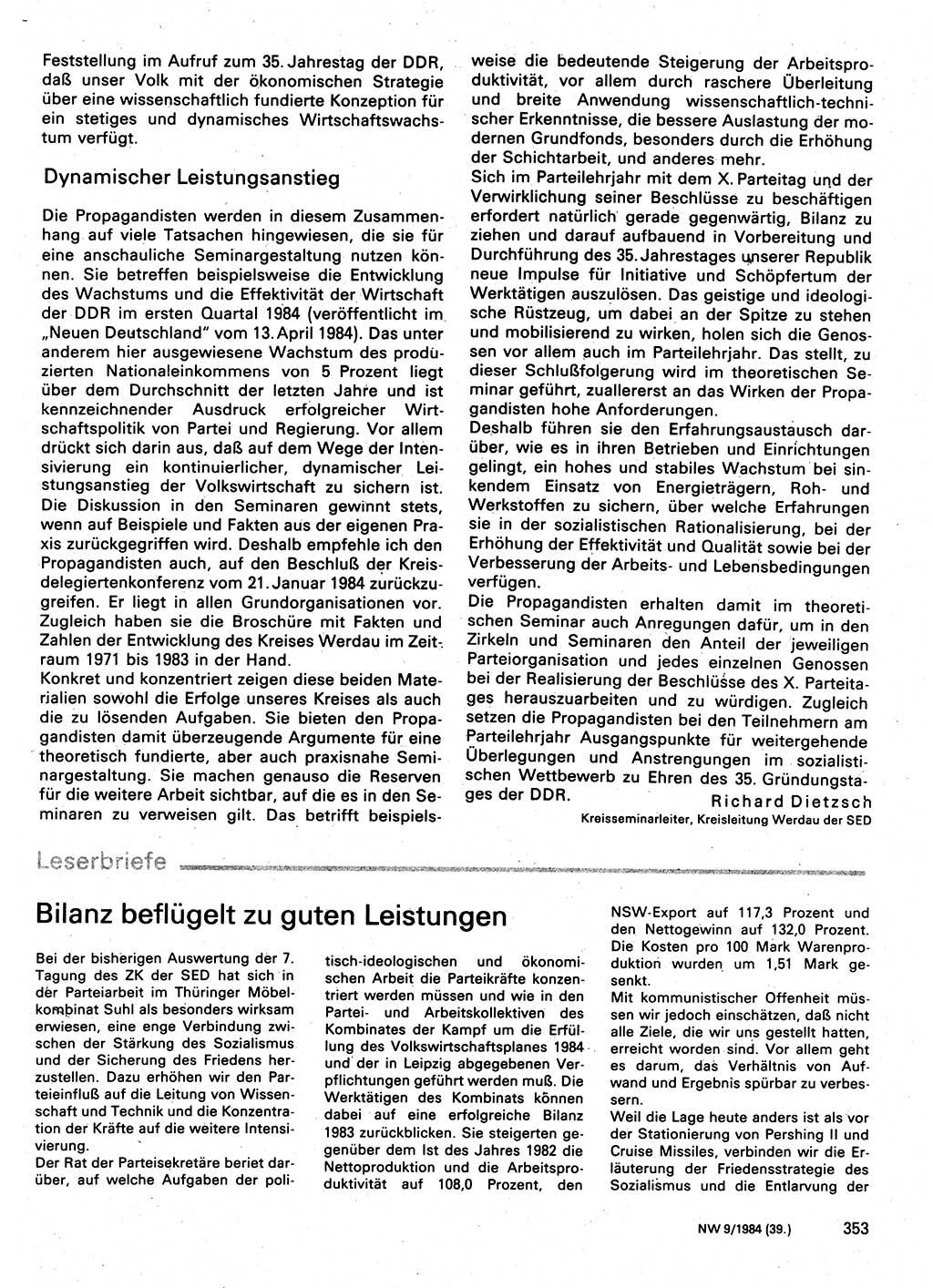 Neuer Weg (NW), Organ des Zentralkomitees (ZK) der SED (Sozialistische Einheitspartei Deutschlands) für Fragen des Parteilebens, 39. Jahrgang [Deutsche Demokratische Republik (DDR)] 1984, Seite 353 (NW ZK SED DDR 1984, S. 353)