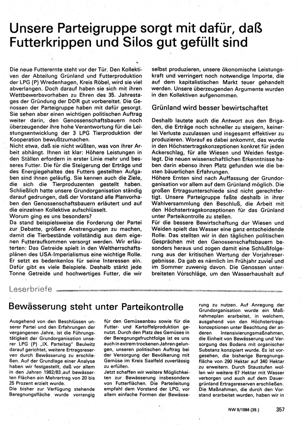 Neuer Weg (NW), Organ des Zentralkomitees (ZK) der SED (Sozialistische Einheitspartei Deutschlands) für Fragen des Parteilebens, 39. Jahrgang [Deutsche Demokratische Republik (DDR)] 1984, Seite 357 (NW ZK SED DDR 1984, S. 357)