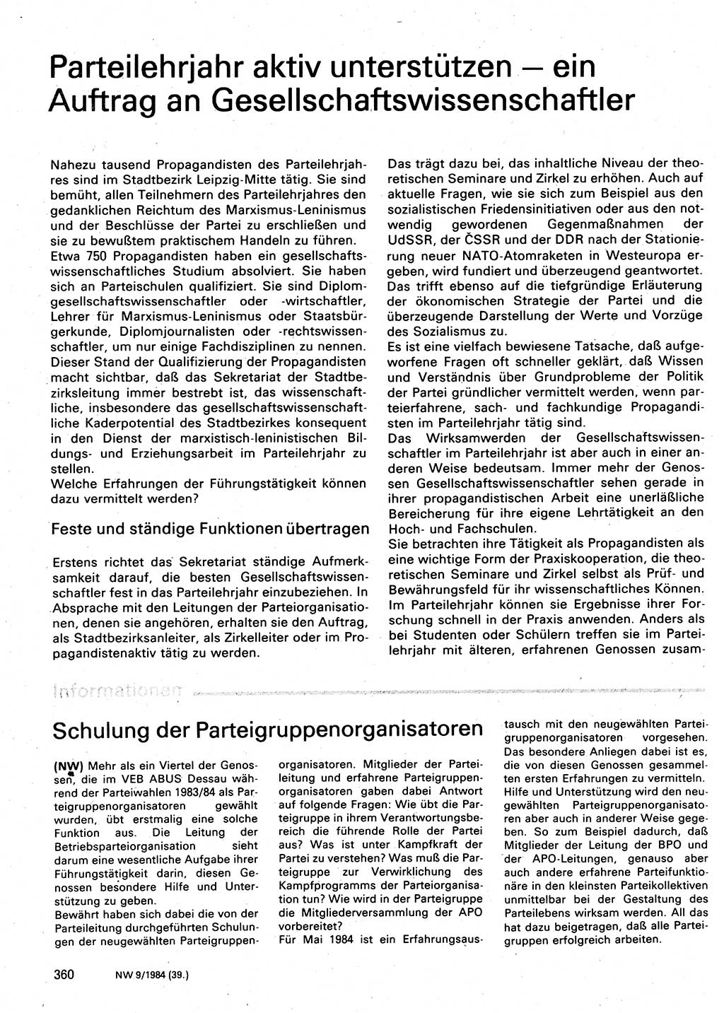 Neuer Weg (NW), Organ des Zentralkomitees (ZK) der SED (Sozialistische Einheitspartei Deutschlands) für Fragen des Parteilebens, 39. Jahrgang [Deutsche Demokratische Republik (DDR)] 1984, Seite 360 (NW ZK SED DDR 1984, S. 360)