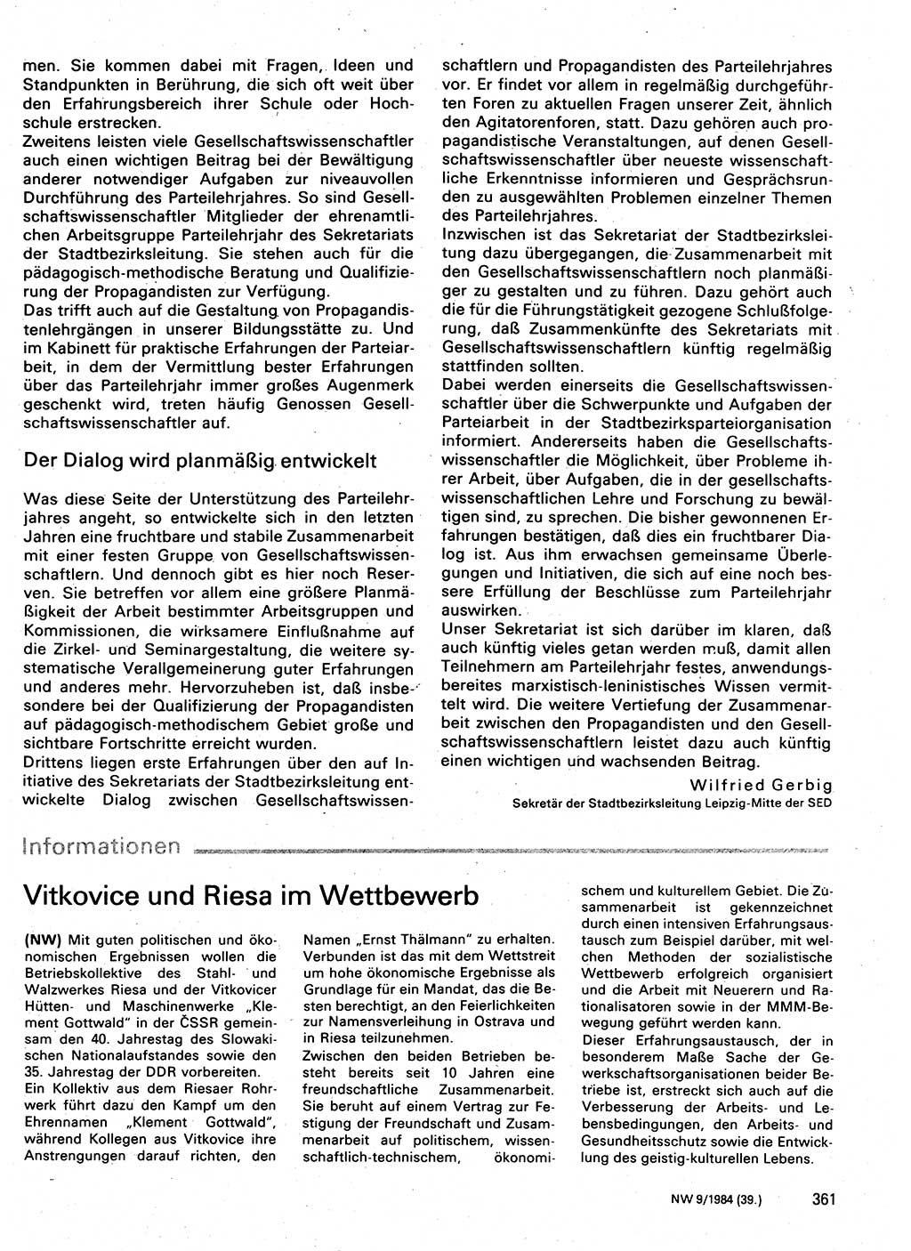 Neuer Weg (NW), Organ des Zentralkomitees (ZK) der SED (Sozialistische Einheitspartei Deutschlands) für Fragen des Parteilebens, 39. Jahrgang [Deutsche Demokratische Republik (DDR)] 1984, Seite 361 (NW ZK SED DDR 1984, S. 361)