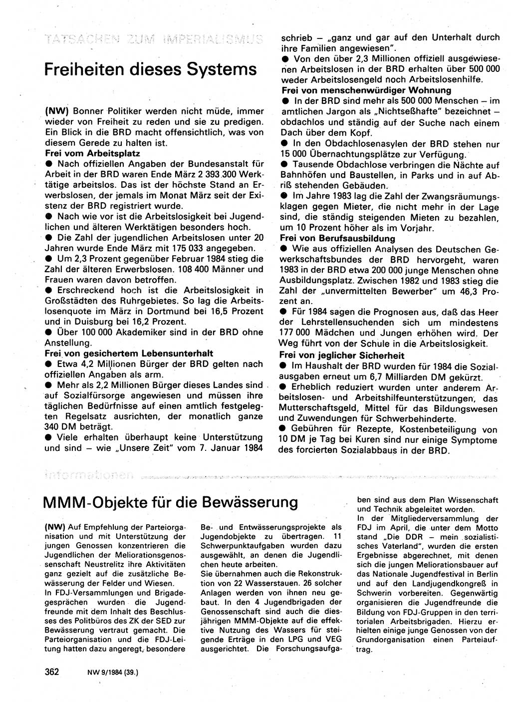 Neuer Weg (NW), Organ des Zentralkomitees (ZK) der SED (Sozialistische Einheitspartei Deutschlands) für Fragen des Parteilebens, 39. Jahrgang [Deutsche Demokratische Republik (DDR)] 1984, Seite 362 (NW ZK SED DDR 1984, S. 362)