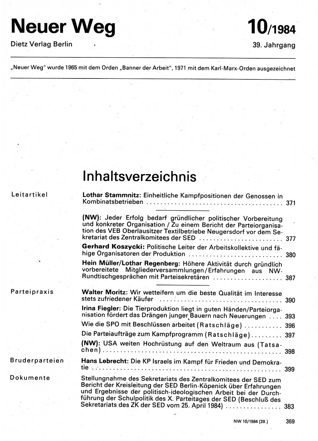 Neuer Weg (NW), Organ des Zentralkomitees (ZK) der SED (Sozialistische Einheitspartei Deutschlands) für Fragen des Parteilebens, 39. Jahrgang [Deutsche Demokratische Republik (DDR)] 1984, Seite 369 (NW ZK SED DDR 1984, S. 369)