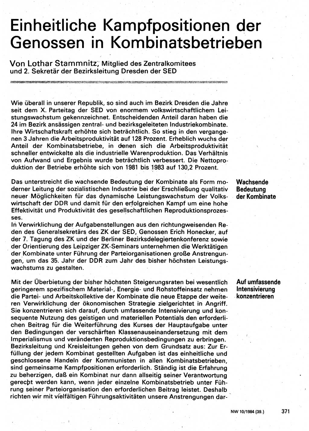 Neuer Weg (NW), Organ des Zentralkomitees (ZK) der SED (Sozialistische Einheitspartei Deutschlands) für Fragen des Parteilebens, 39. Jahrgang [Deutsche Demokratische Republik (DDR)] 1984, Seite 371 (NW ZK SED DDR 1984, S. 371)
