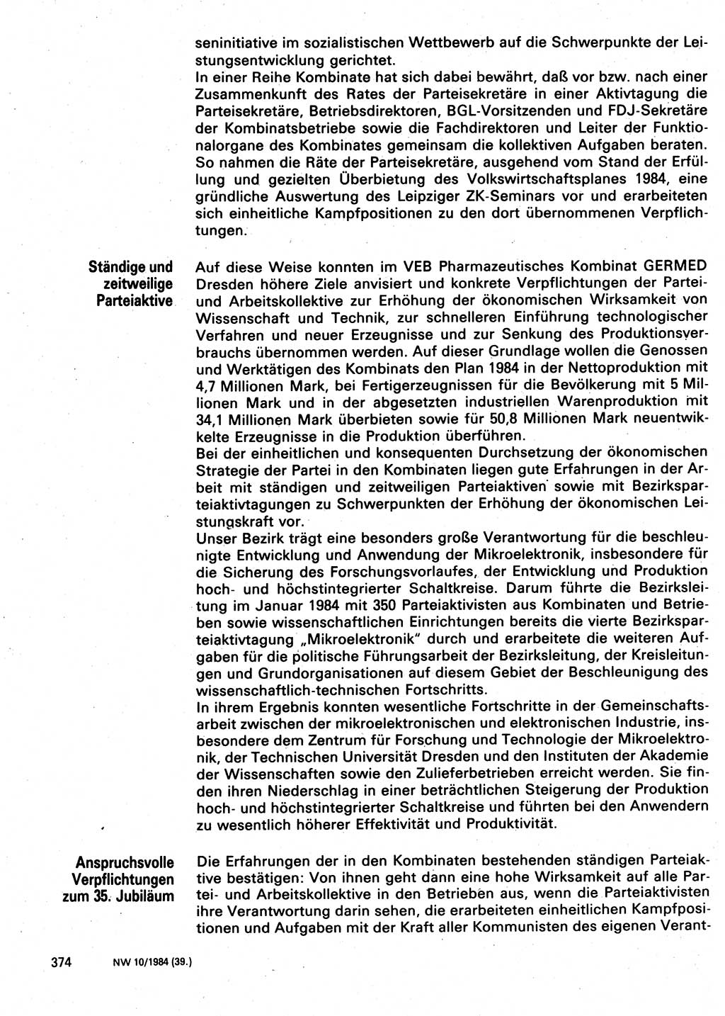 Neuer Weg (NW), Organ des Zentralkomitees (ZK) der SED (Sozialistische Einheitspartei Deutschlands) für Fragen des Parteilebens, 39. Jahrgang [Deutsche Demokratische Republik (DDR)] 1984, Seite 374 (NW ZK SED DDR 1984, S. 374)