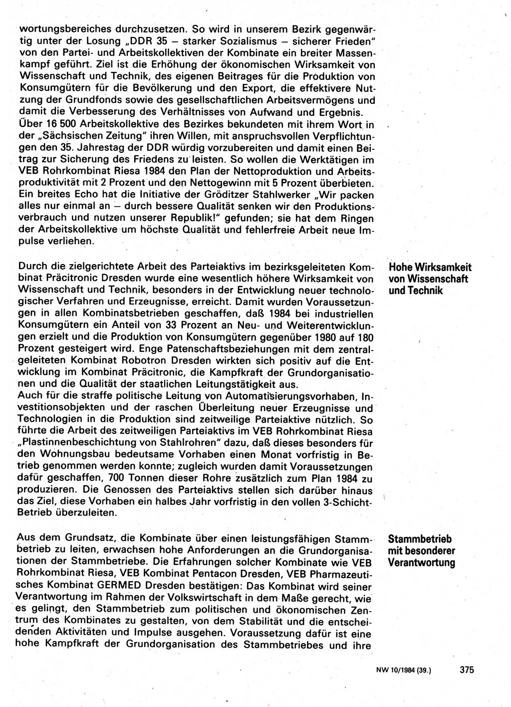 Neuer Weg (NW), Organ des Zentralkomitees (ZK) der SED (Sozialistische Einheitspartei Deutschlands) für Fragen des Parteilebens, 39. Jahrgang [Deutsche Demokratische Republik (DDR)] 1984, Seite 375 (NW ZK SED DDR 1984, S. 375)