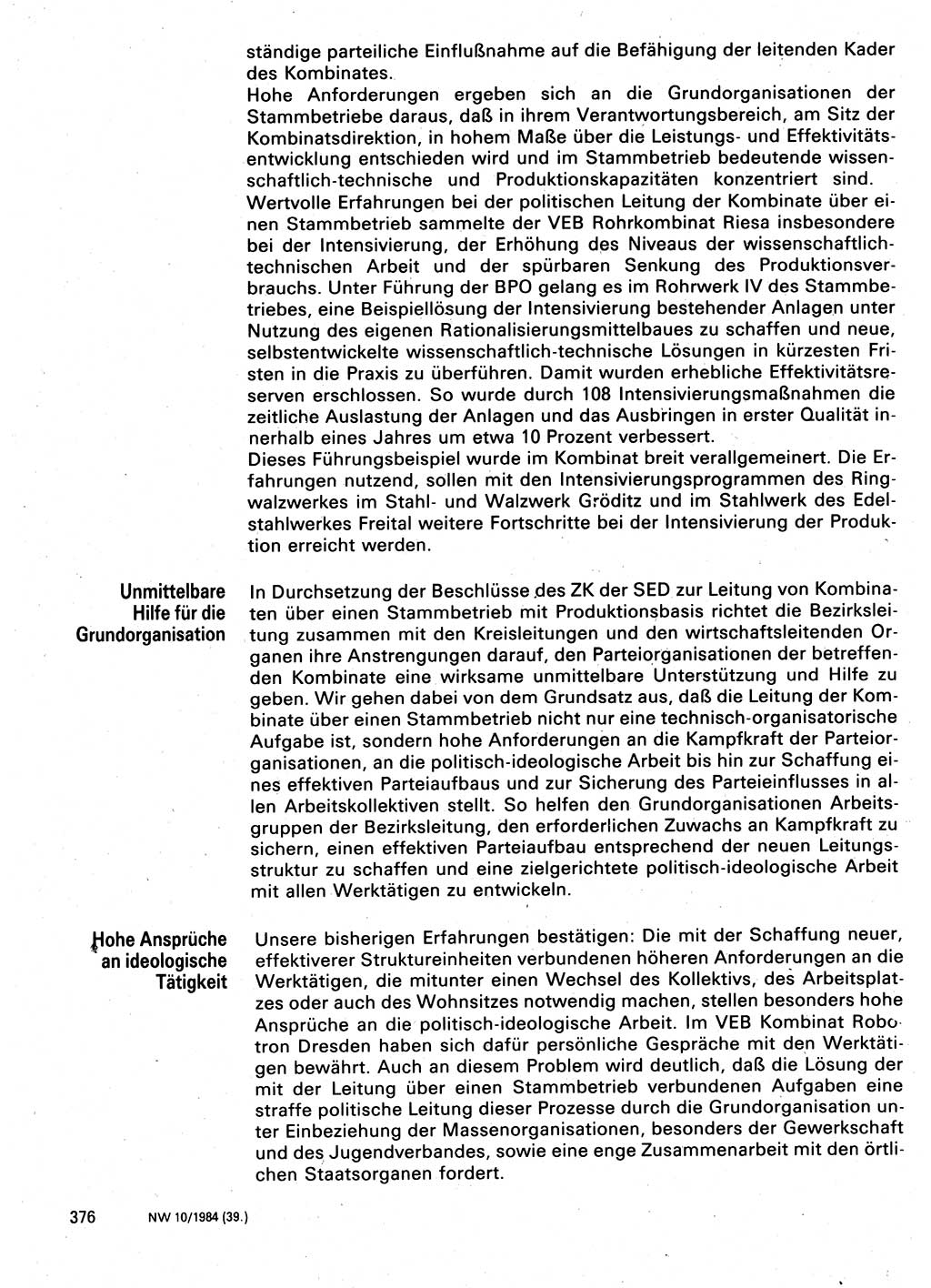 Neuer Weg (NW), Organ des Zentralkomitees (ZK) der SED (Sozialistische Einheitspartei Deutschlands) für Fragen des Parteilebens, 39. Jahrgang [Deutsche Demokratische Republik (DDR)] 1984, Seite 376 (NW ZK SED DDR 1984, S. 376)