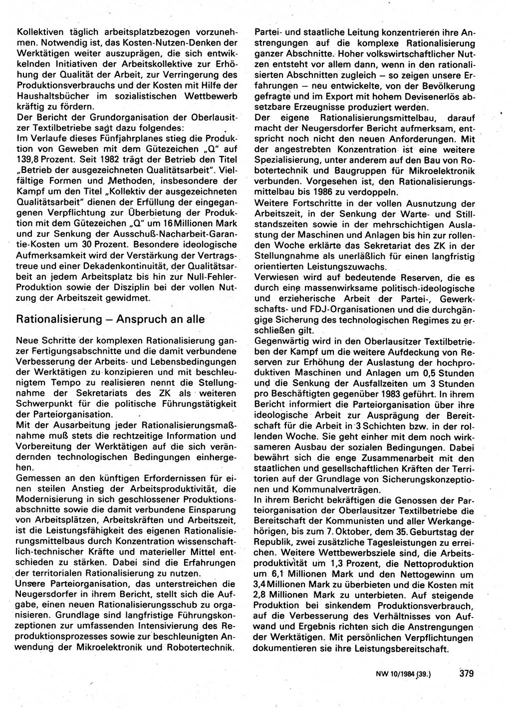 Neuer Weg (NW), Organ des Zentralkomitees (ZK) der SED (Sozialistische Einheitspartei Deutschlands) für Fragen des Parteilebens, 39. Jahrgang [Deutsche Demokratische Republik (DDR)] 1984, Seite 379 (NW ZK SED DDR 1984, S. 379)