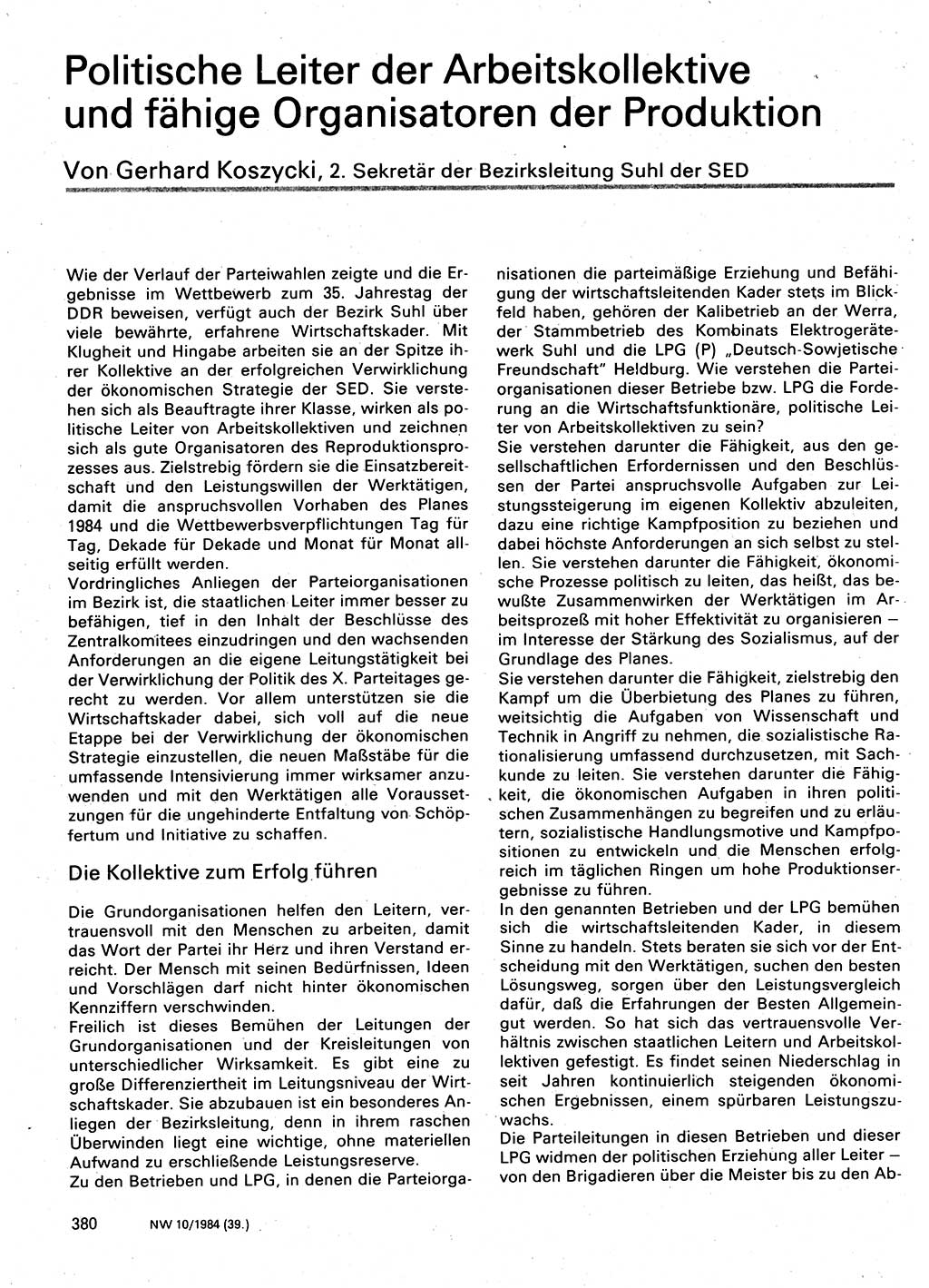 Neuer Weg (NW), Organ des Zentralkomitees (ZK) der SED (Sozialistische Einheitspartei Deutschlands) für Fragen des Parteilebens, 39. Jahrgang [Deutsche Demokratische Republik (DDR)] 1984, Seite 380 (NW ZK SED DDR 1984, S. 380)