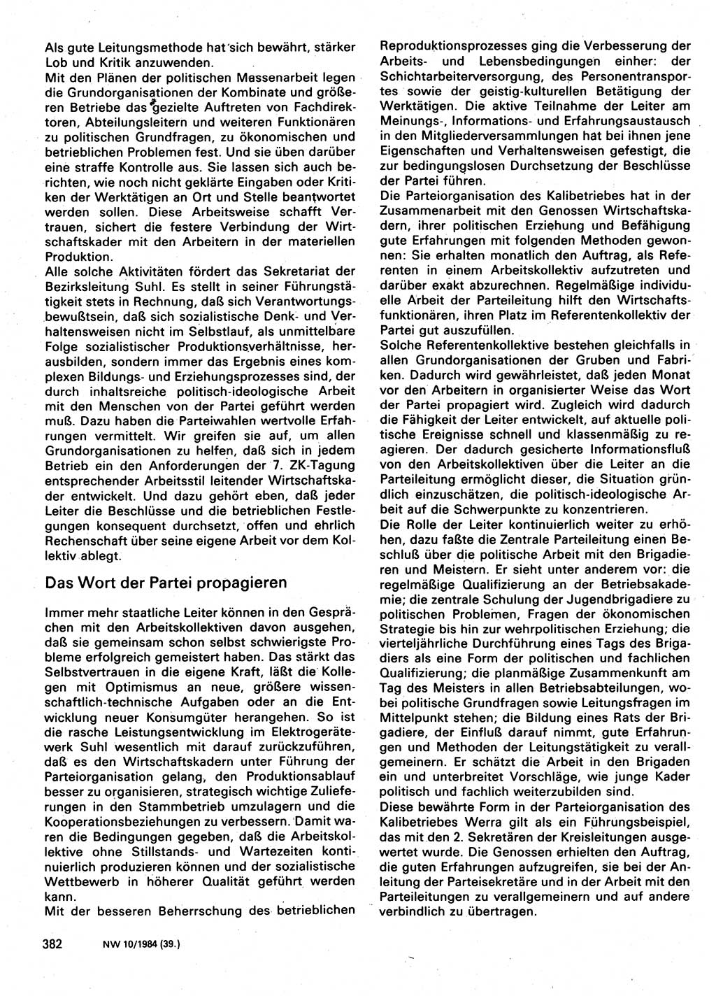 Neuer Weg (NW), Organ des Zentralkomitees (ZK) der SED (Sozialistische Einheitspartei Deutschlands) für Fragen des Parteilebens, 39. Jahrgang [Deutsche Demokratische Republik (DDR)] 1984, Seite 382 (NW ZK SED DDR 1984, S. 382)