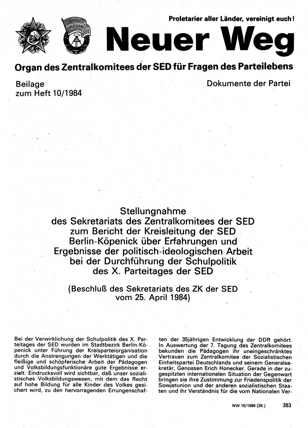 Neuer Weg (NW), Organ des Zentralkomitees (ZK) der SED (Sozialistische Einheitspartei Deutschlands) für Fragen des Parteilebens, 39. Jahrgang [Deutsche Demokratische Republik (DDR)] 1984, Seite 383 (NW ZK SED DDR 1984, S. 383)