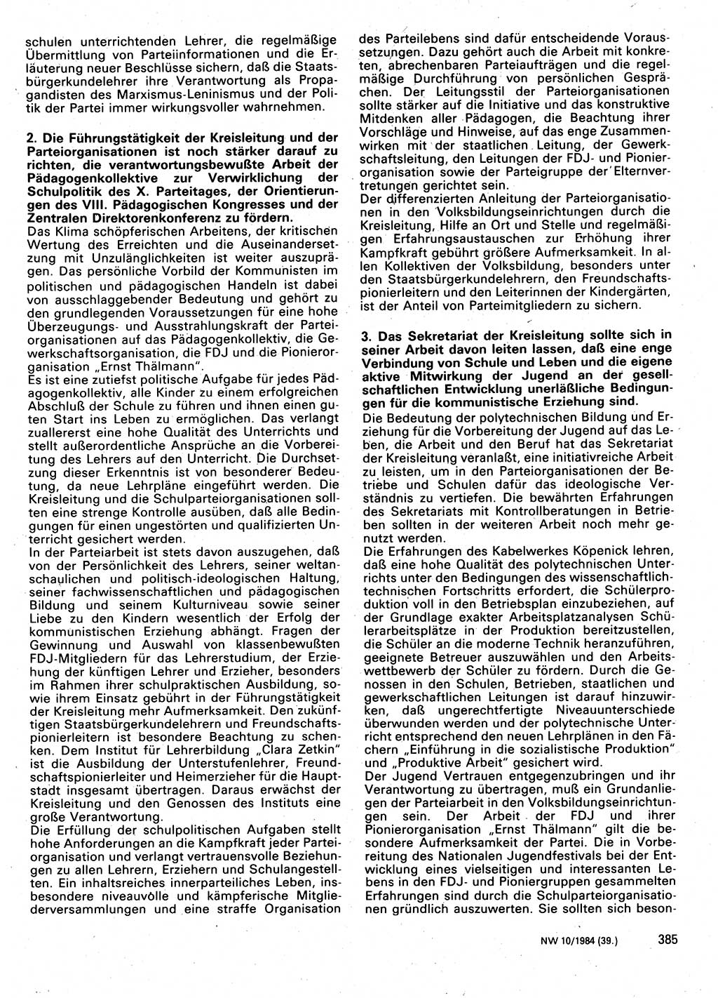 Neuer Weg (NW), Organ des Zentralkomitees (ZK) der SED (Sozialistische Einheitspartei Deutschlands) für Fragen des Parteilebens, 39. Jahrgang [Deutsche Demokratische Republik (DDR)] 1984, Seite 385 (NW ZK SED DDR 1984, S. 385)