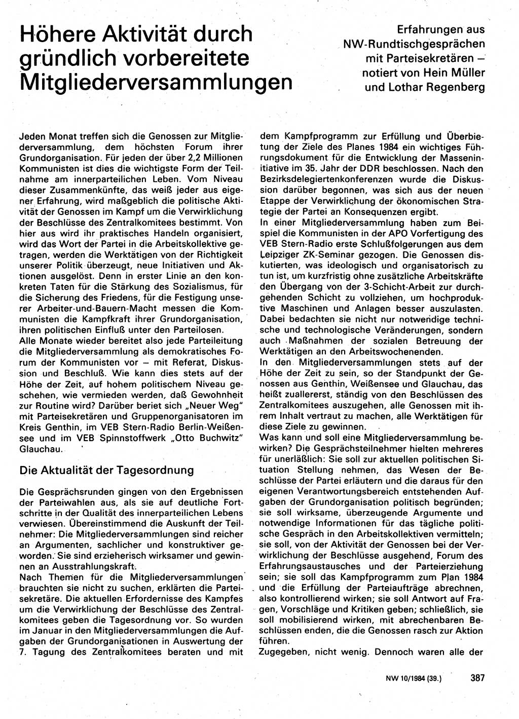 Neuer Weg (NW), Organ des Zentralkomitees (ZK) der SED (Sozialistische Einheitspartei Deutschlands) für Fragen des Parteilebens, 39. Jahrgang [Deutsche Demokratische Republik (DDR)] 1984, Seite 387 (NW ZK SED DDR 1984, S. 387)