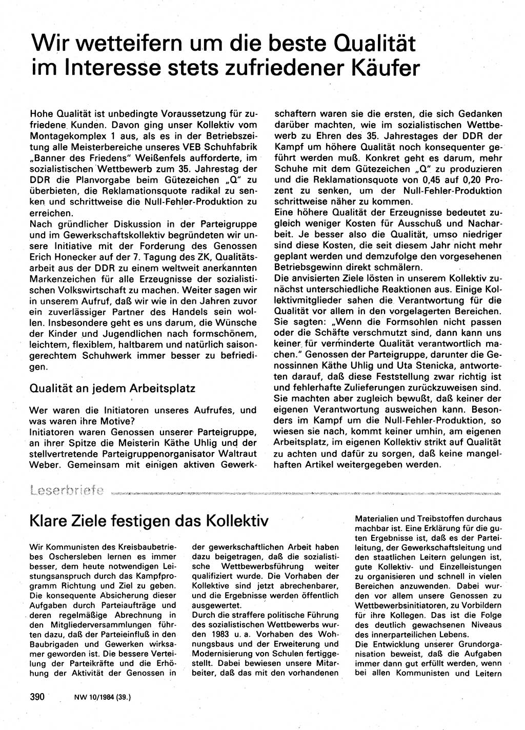 Neuer Weg (NW), Organ des Zentralkomitees (ZK) der SED (Sozialistische Einheitspartei Deutschlands) für Fragen des Parteilebens, 39. Jahrgang [Deutsche Demokratische Republik (DDR)] 1984, Seite 390 (NW ZK SED DDR 1984, S. 390)