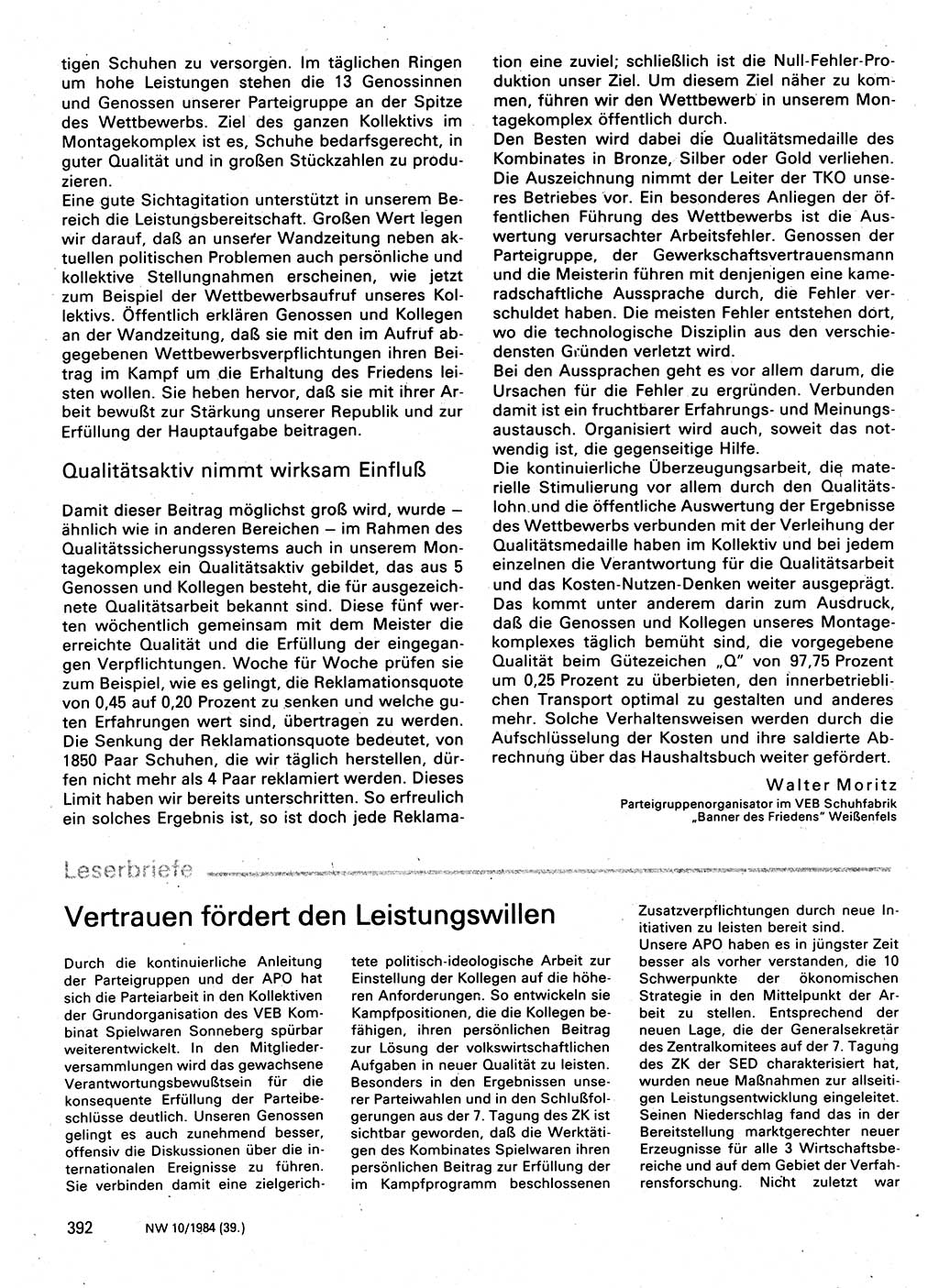 Neuer Weg (NW), Organ des Zentralkomitees (ZK) der SED (Sozialistische Einheitspartei Deutschlands) für Fragen des Parteilebens, 39. Jahrgang [Deutsche Demokratische Republik (DDR)] 1984, Seite 392 (NW ZK SED DDR 1984, S. 392)