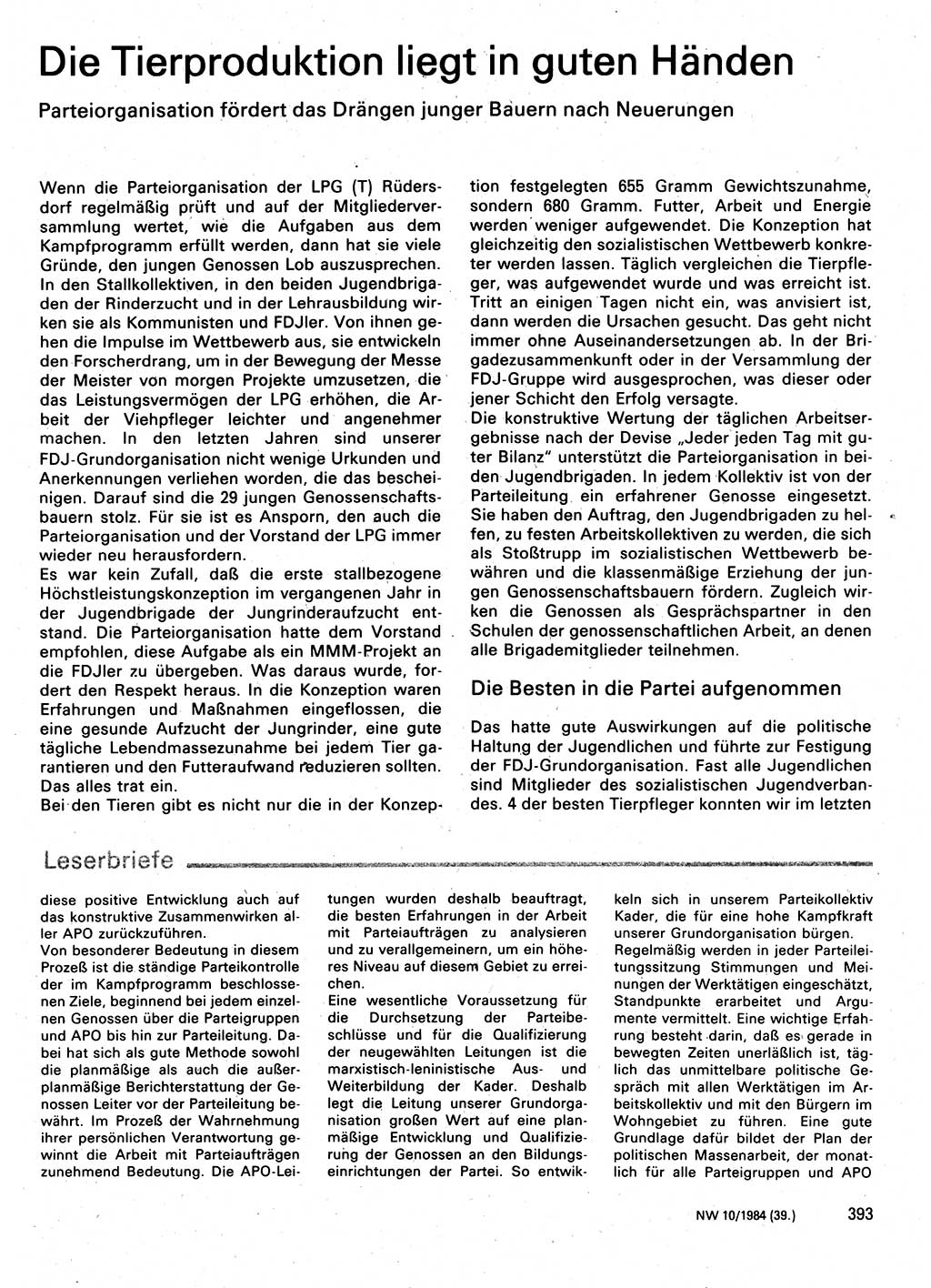 Neuer Weg (NW), Organ des Zentralkomitees (ZK) der SED (Sozialistische Einheitspartei Deutschlands) für Fragen des Parteilebens, 39. Jahrgang [Deutsche Demokratische Republik (DDR)] 1984, Seite 393 (NW ZK SED DDR 1984, S. 393)