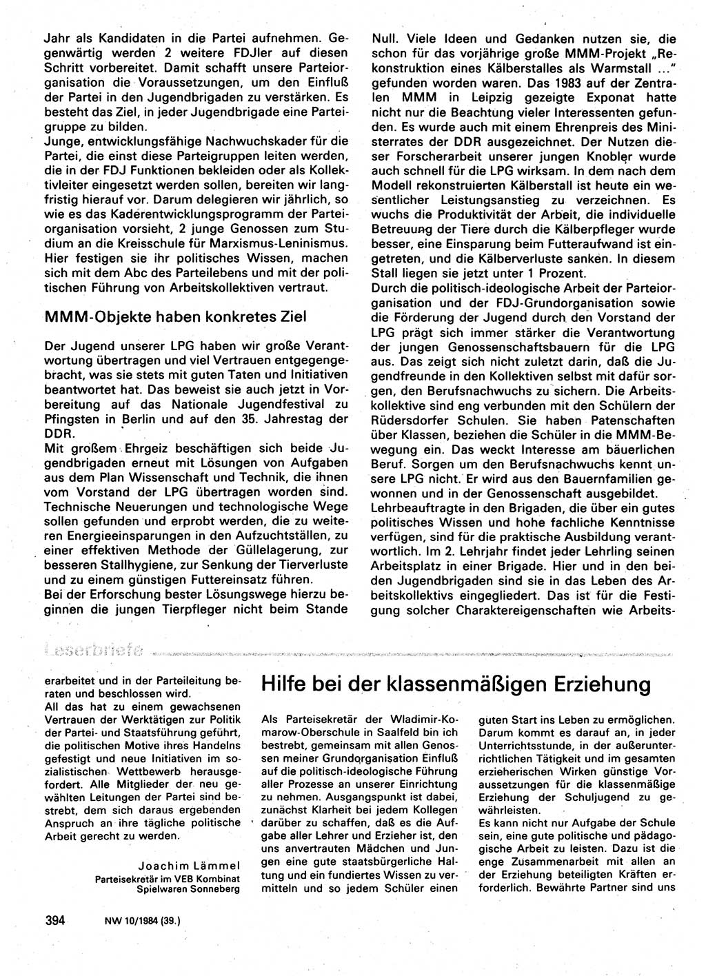 Neuer Weg (NW), Organ des Zentralkomitees (ZK) der SED (Sozialistische Einheitspartei Deutschlands) für Fragen des Parteilebens, 39. Jahrgang [Deutsche Demokratische Republik (DDR)] 1984, Seite 394 (NW ZK SED DDR 1984, S. 394)