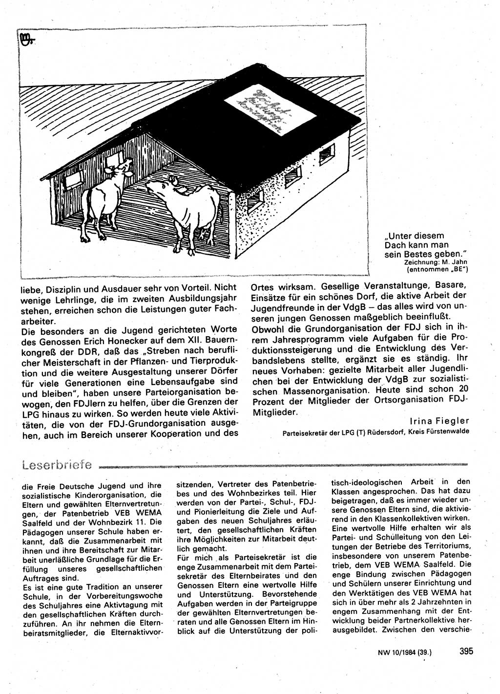 Neuer Weg (NW), Organ des Zentralkomitees (ZK) der SED (Sozialistische Einheitspartei Deutschlands) für Fragen des Parteilebens, 39. Jahrgang [Deutsche Demokratische Republik (DDR)] 1984, Seite 395 (NW ZK SED DDR 1984, S. 395)