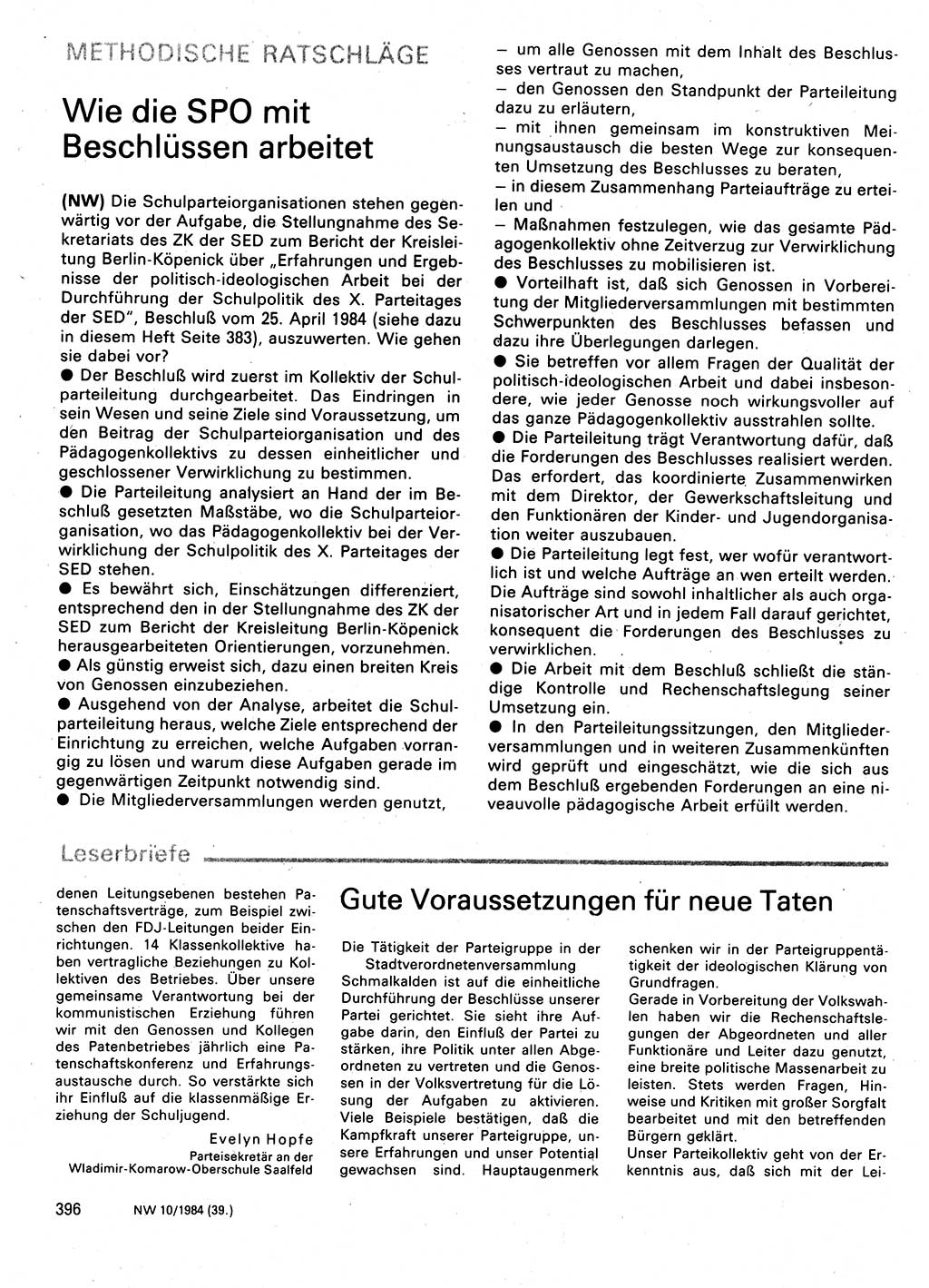 Neuer Weg (NW), Organ des Zentralkomitees (ZK) der SED (Sozialistische Einheitspartei Deutschlands) für Fragen des Parteilebens, 39. Jahrgang [Deutsche Demokratische Republik (DDR)] 1984, Seite 396 (NW ZK SED DDR 1984, S. 396)