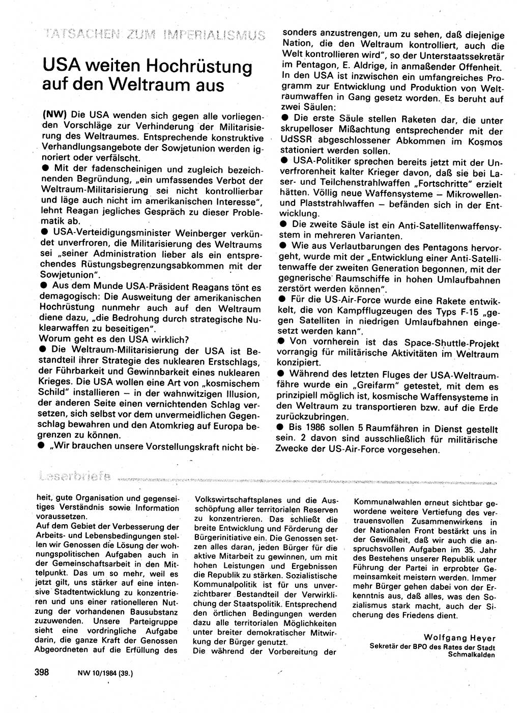 Neuer Weg (NW), Organ des Zentralkomitees (ZK) der SED (Sozialistische Einheitspartei Deutschlands) für Fragen des Parteilebens, 39. Jahrgang [Deutsche Demokratische Republik (DDR)] 1984, Seite 398 (NW ZK SED DDR 1984, S. 398)