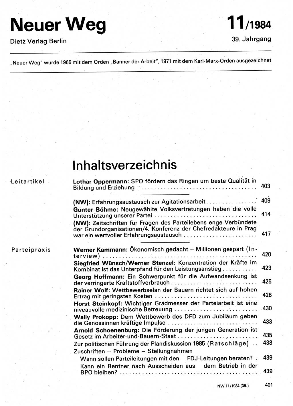 Neuer Weg (NW), Organ des Zentralkomitees (ZK) der SED (Sozialistische Einheitspartei Deutschlands) für Fragen des Parteilebens, 39. Jahrgang [Deutsche Demokratische Republik (DDR)] 1984, Seite 401 (NW ZK SED DDR 1984, S. 401)