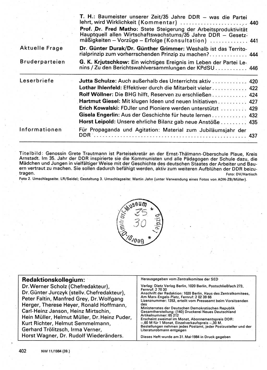 Neuer Weg (NW), Organ des Zentralkomitees (ZK) der SED (Sozialistische Einheitspartei Deutschlands) für Fragen des Parteilebens, 39. Jahrgang [Deutsche Demokratische Republik (DDR)] 1984, Seite 402 (NW ZK SED DDR 1984, S. 402)