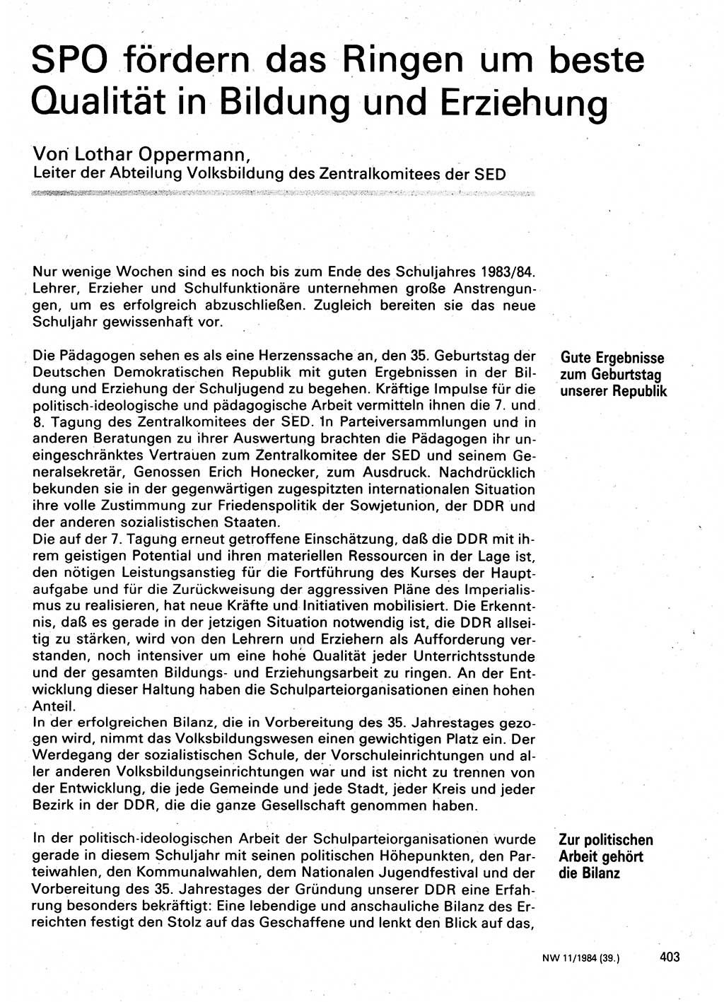 Neuer Weg (NW), Organ des Zentralkomitees (ZK) der SED (Sozialistische Einheitspartei Deutschlands) für Fragen des Parteilebens, 39. Jahrgang [Deutsche Demokratische Republik (DDR)] 1984, Seite 403 (NW ZK SED DDR 1984, S. 403)