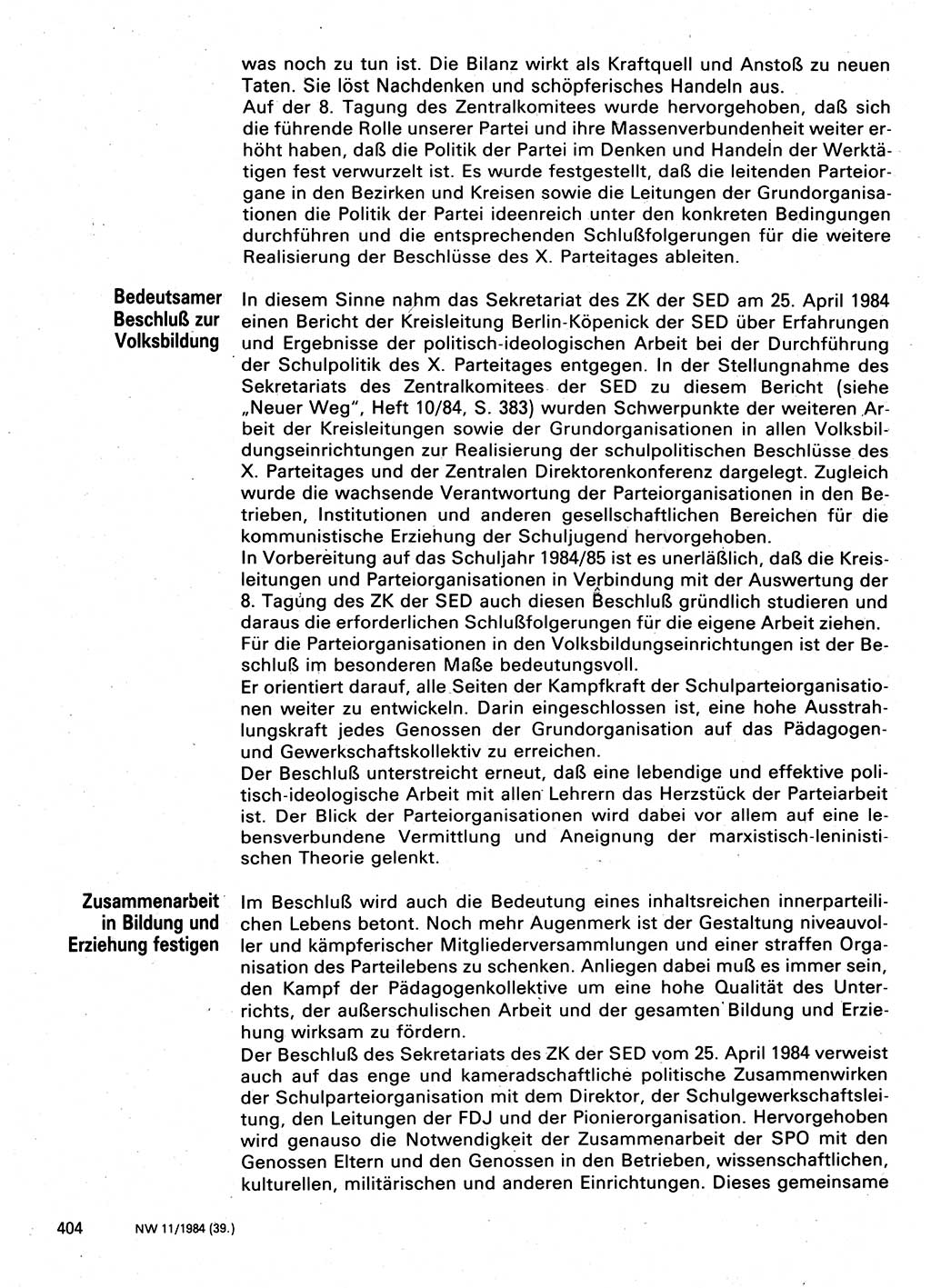 Neuer Weg (NW), Organ des Zentralkomitees (ZK) der SED (Sozialistische Einheitspartei Deutschlands) für Fragen des Parteilebens, 39. Jahrgang [Deutsche Demokratische Republik (DDR)] 1984, Seite 404 (NW ZK SED DDR 1984, S. 404)