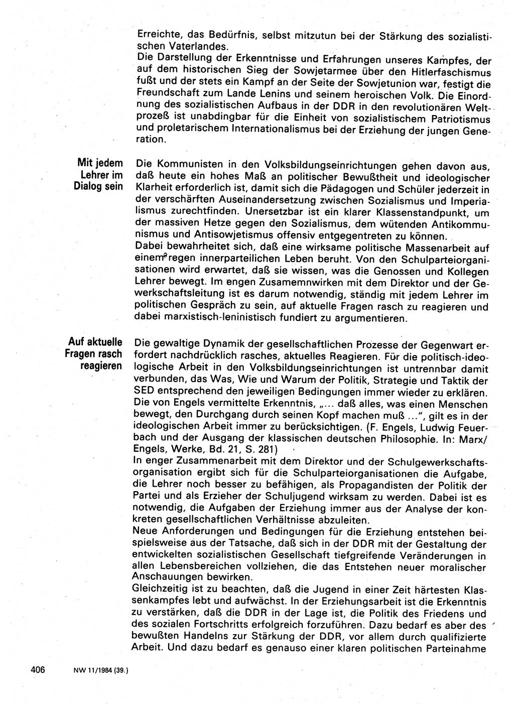 Neuer Weg (NW), Organ des Zentralkomitees (ZK) der SED (Sozialistische Einheitspartei Deutschlands) für Fragen des Parteilebens, 39. Jahrgang [Deutsche Demokratische Republik (DDR)] 1984, Seite 406 (NW ZK SED DDR 1984, S. 406)