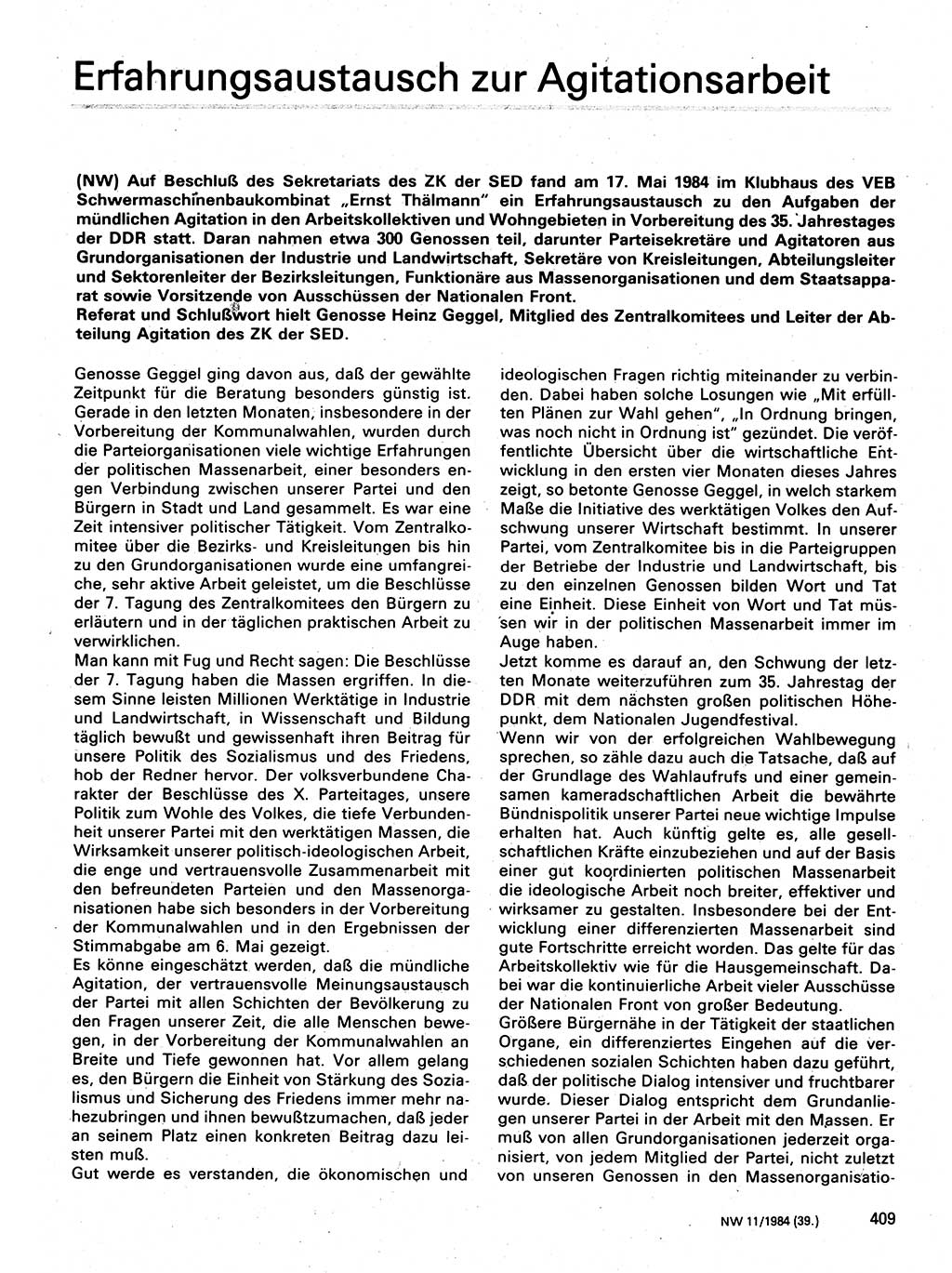 Neuer Weg (NW), Organ des Zentralkomitees (ZK) der SED (Sozialistische Einheitspartei Deutschlands) für Fragen des Parteilebens, 39. Jahrgang [Deutsche Demokratische Republik (DDR)] 1984, Seite 409 (NW ZK SED DDR 1984, S. 409)