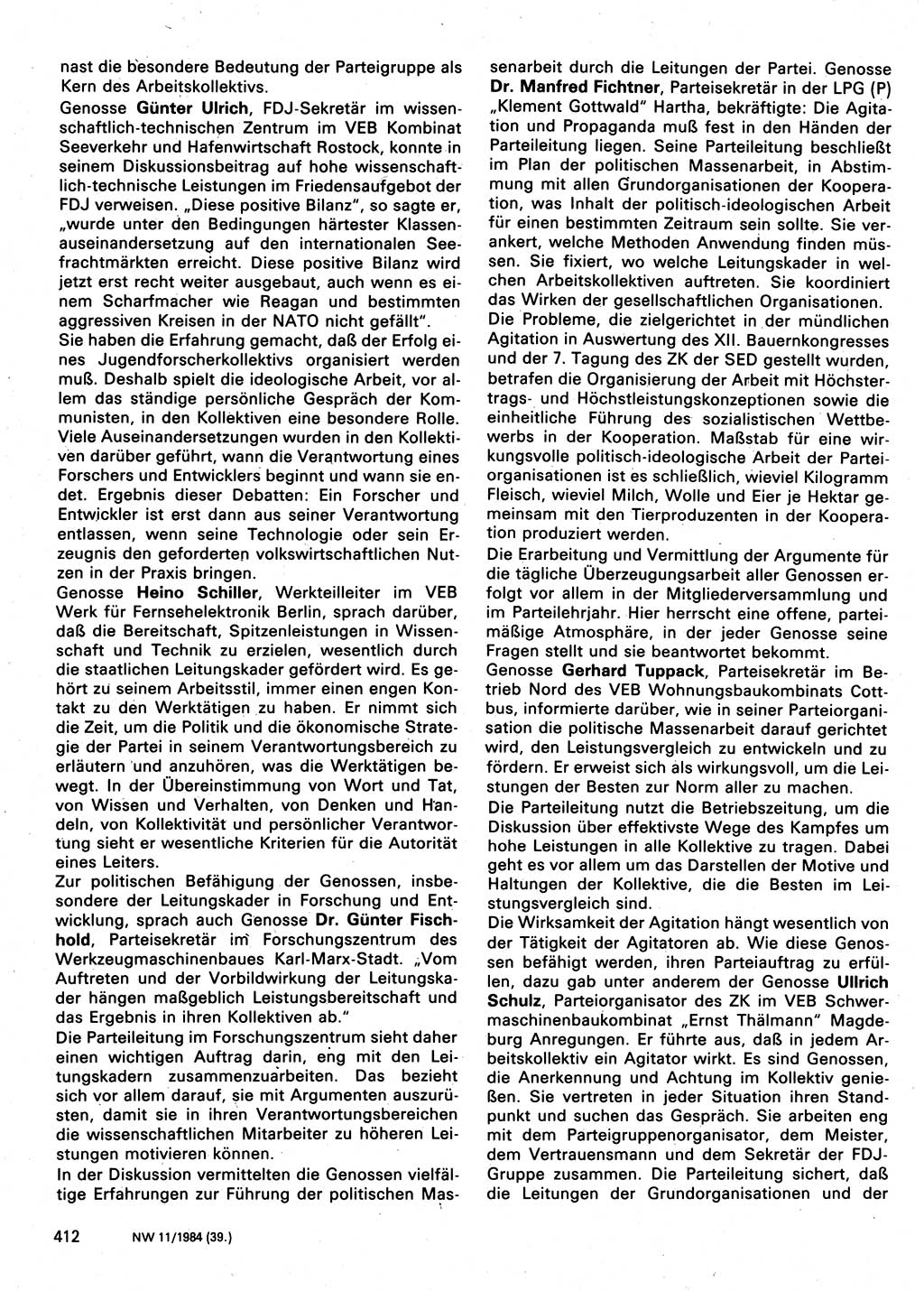 Neuer Weg (NW), Organ des Zentralkomitees (ZK) der SED (Sozialistische Einheitspartei Deutschlands) für Fragen des Parteilebens, 39. Jahrgang [Deutsche Demokratische Republik (DDR)] 1984, Seite 412 (NW ZK SED DDR 1984, S. 412)