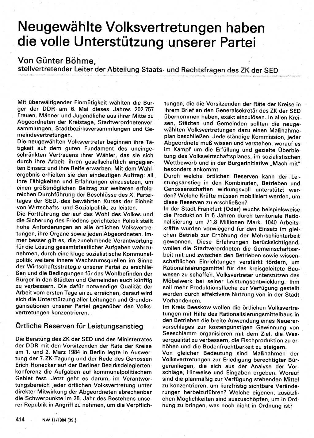 Neuer Weg (NW), Organ des Zentralkomitees (ZK) der SED (Sozialistische Einheitspartei Deutschlands) für Fragen des Parteilebens, 39. Jahrgang [Deutsche Demokratische Republik (DDR)] 1984, Seite 414 (NW ZK SED DDR 1984, S. 414)