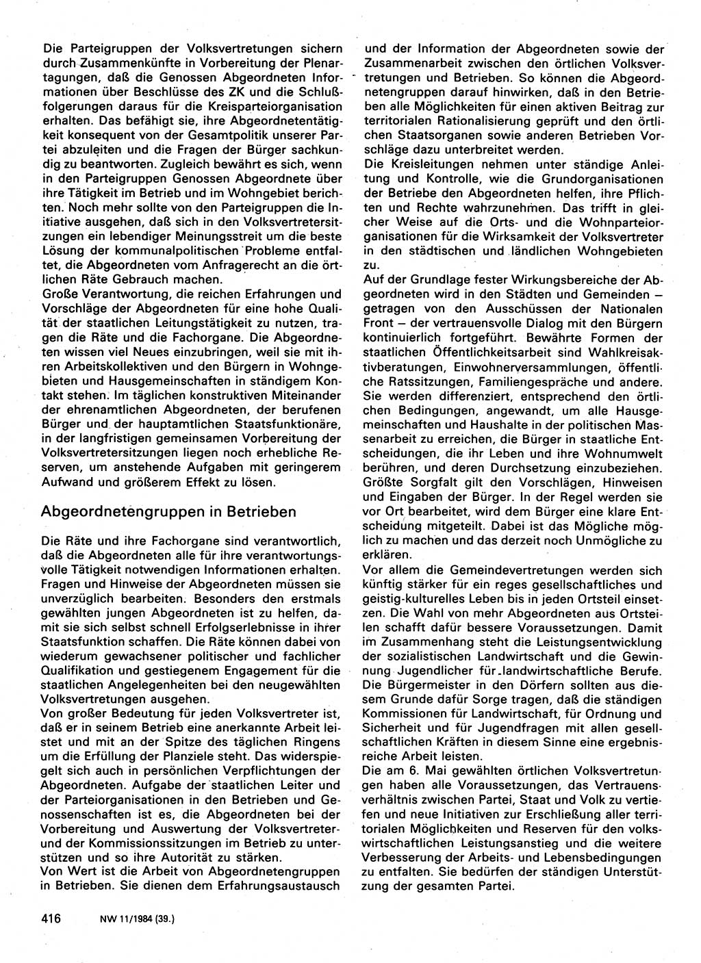 Neuer Weg (NW), Organ des Zentralkomitees (ZK) der SED (Sozialistische Einheitspartei Deutschlands) für Fragen des Parteilebens, 39. Jahrgang [Deutsche Demokratische Republik (DDR)] 1984, Seite 416 (NW ZK SED DDR 1984, S. 416)