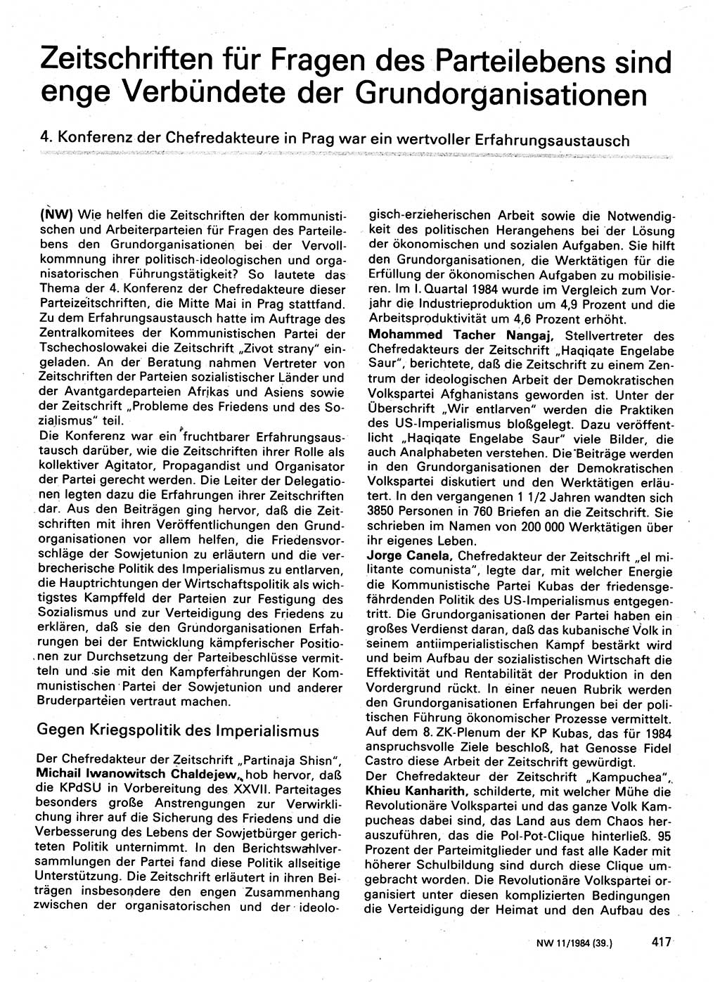 Neuer Weg (NW), Organ des Zentralkomitees (ZK) der SED (Sozialistische Einheitspartei Deutschlands) für Fragen des Parteilebens, 39. Jahrgang [Deutsche Demokratische Republik (DDR)] 1984, Seite 417 (NW ZK SED DDR 1984, S. 417)