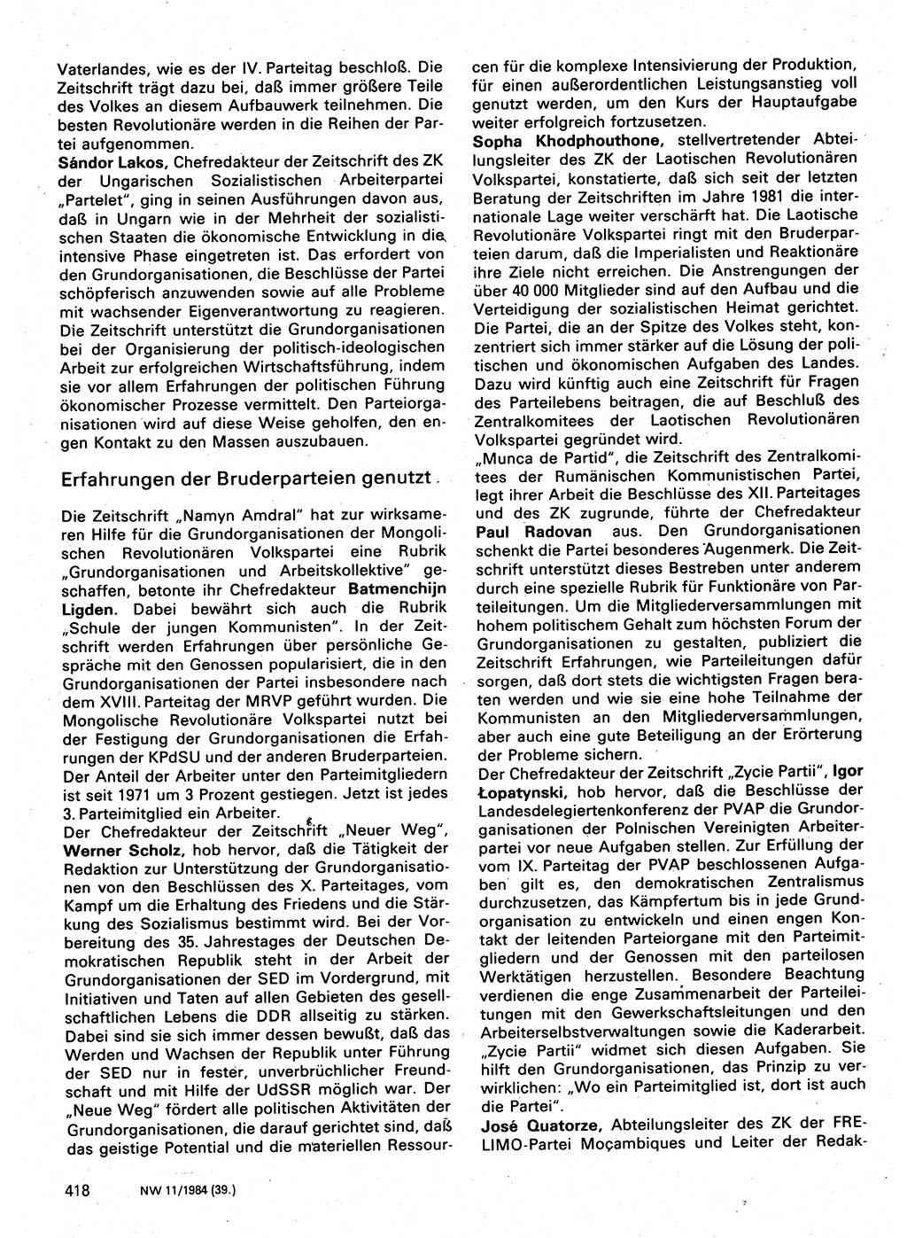Neuer Weg (NW), Organ des Zentralkomitees (ZK) der SED (Sozialistische Einheitspartei Deutschlands) für Fragen des Parteilebens, 39. Jahrgang [Deutsche Demokratische Republik (DDR)] 1984, Seite 418 (NW ZK SED DDR 1984, S. 418)